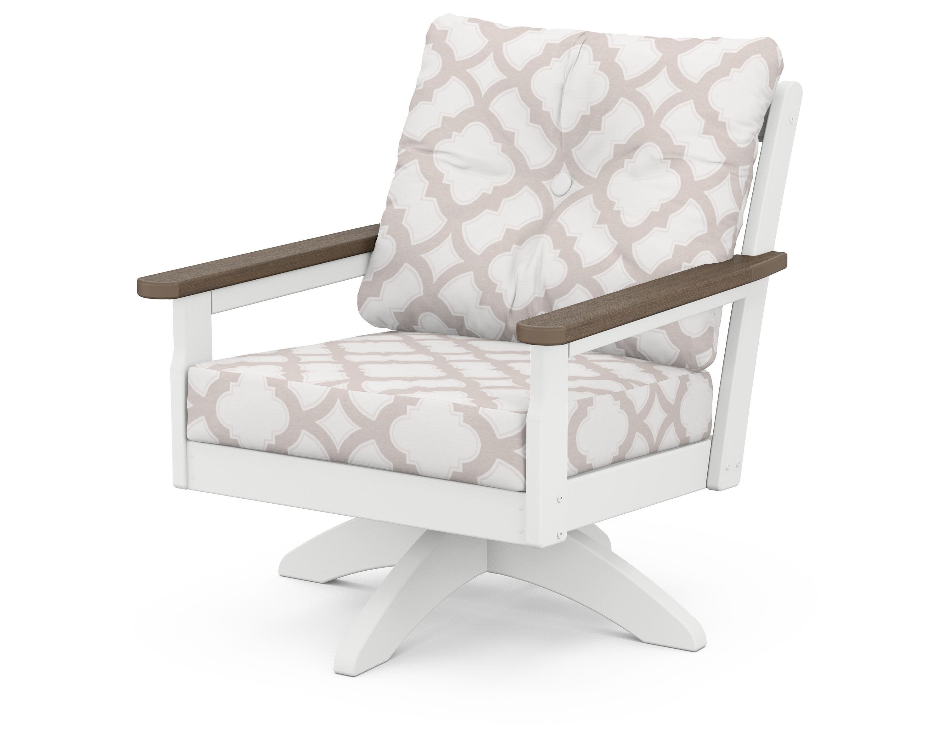Vineyard Deep Seating Swivel Chair in White / Kona / Trellis Dune Burlap