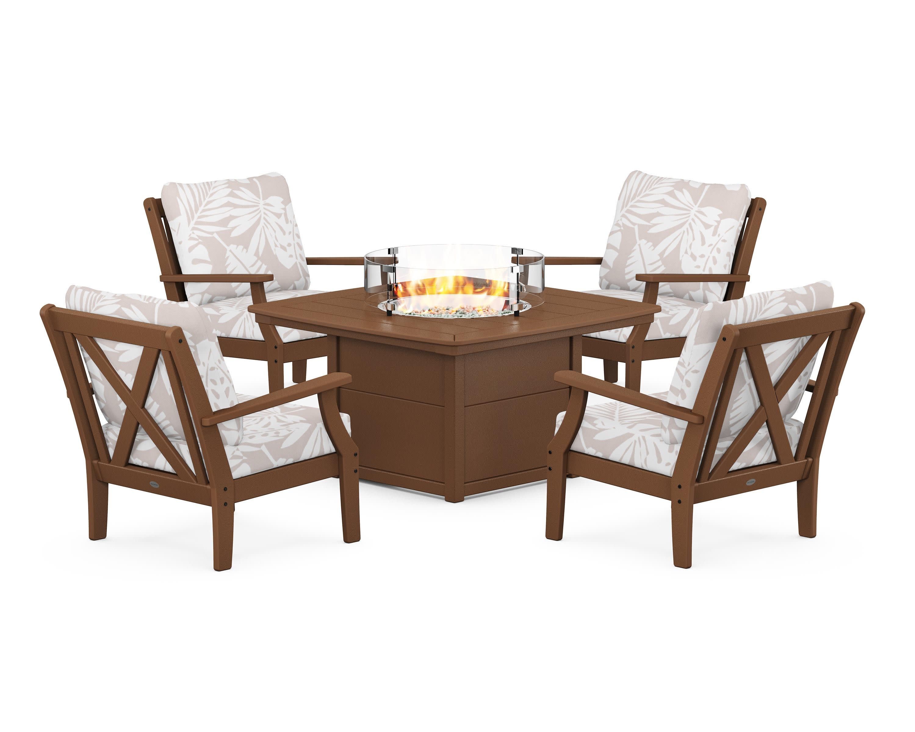 Braxton 5-Piece Deep Seating Conversation Set with Fire Pit Table in Teak / Leaf Dune Burlap