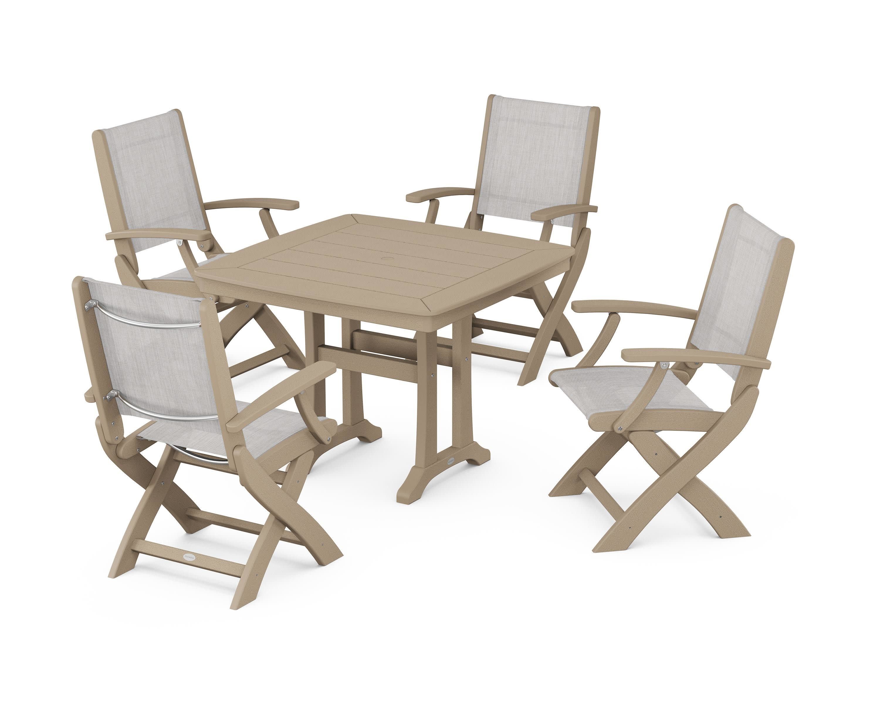 Coastal Folding Chair 5-Piece Dining Set with Trestle Legs in Vintage Sahara / Parchment Sling