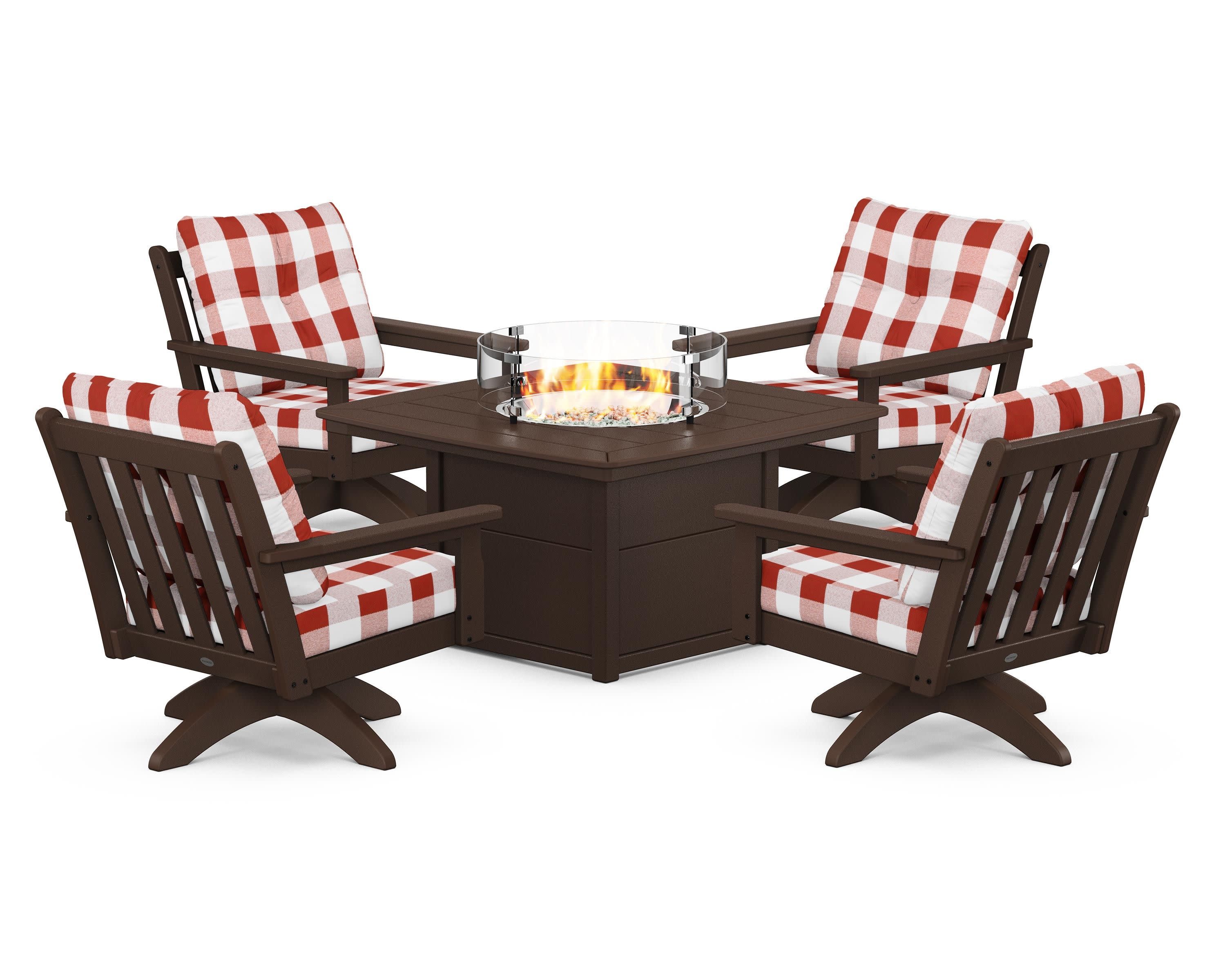 Vineyard 5-Piece Deep Seating Swivel Conversation Set with Fire Pit Table in Mahogany / Buffalo Plaid Crimson
