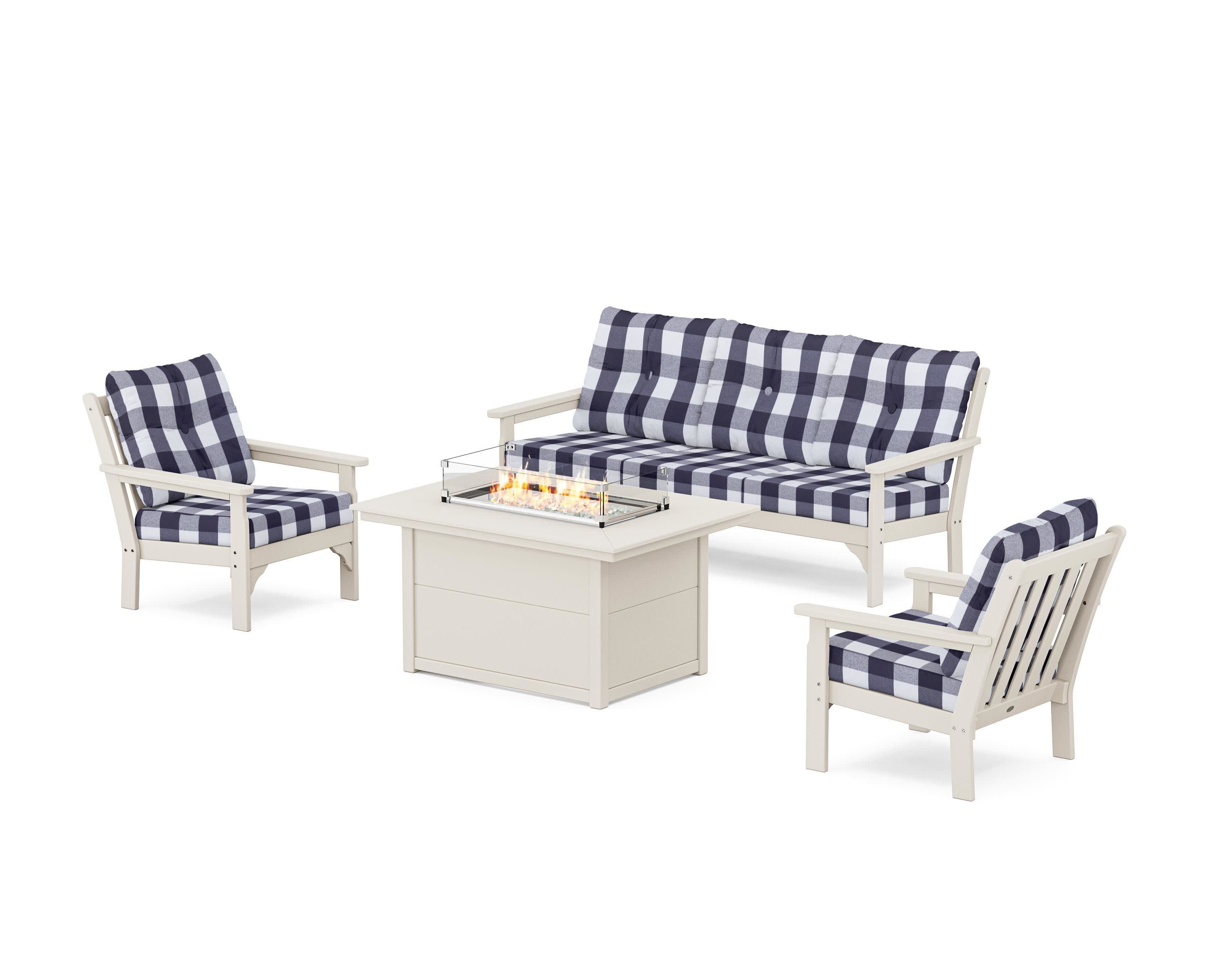 Vineyard Deep Seating Fire Pit Table Set in Sand / Buffalo Plaid Navy