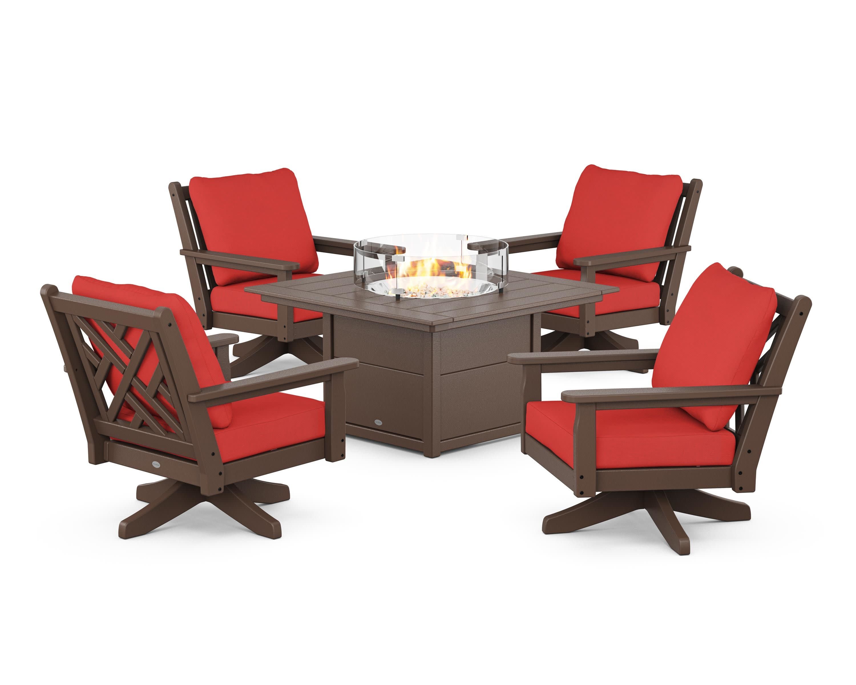 Chippendale 5-Piece Deep Seating Swivel Conversation Set with Fire Pit Table in Mahogany / Crimson Linen
