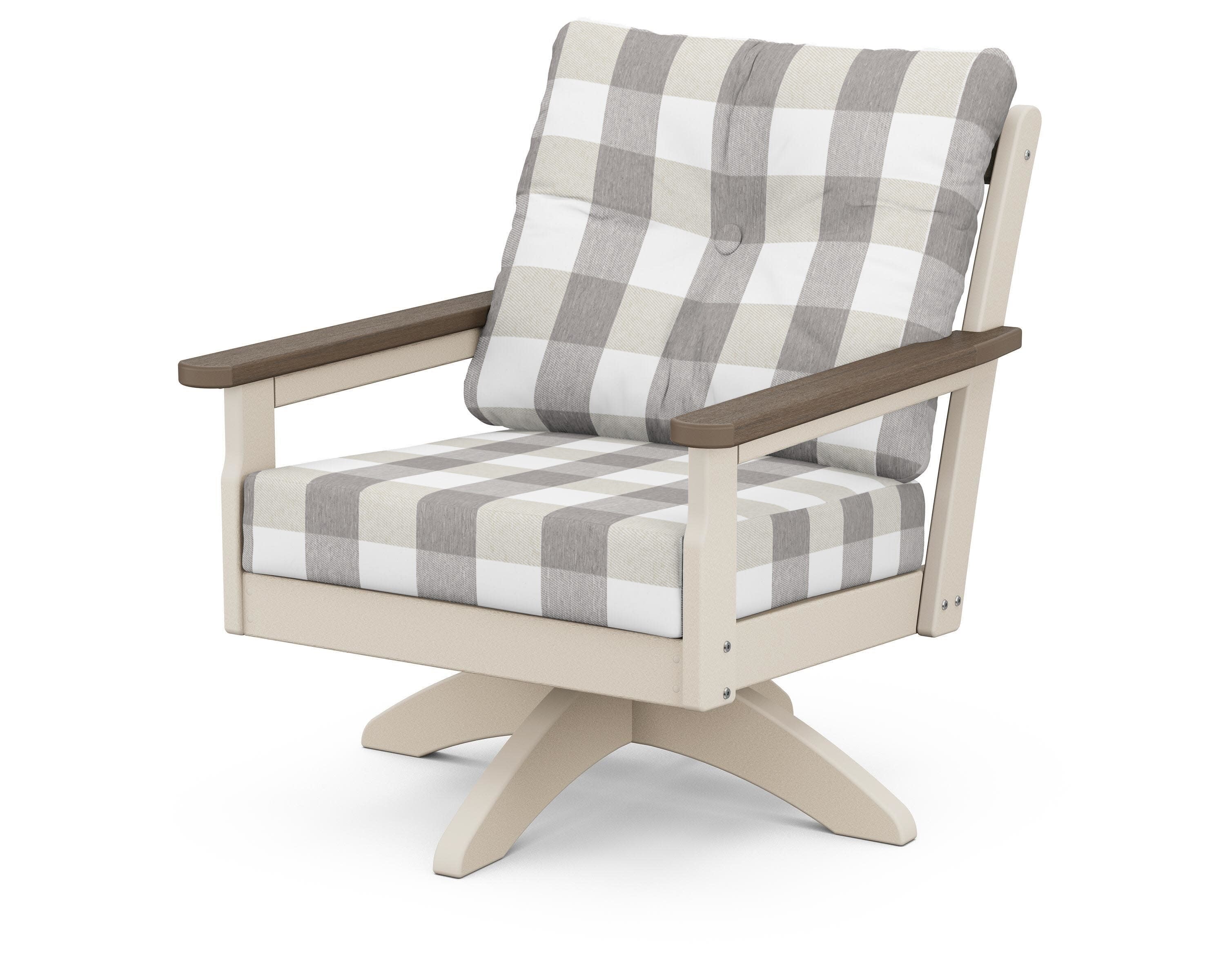 Vineyard Deep Seating Swivel Chair in Sand / Kona / Buffalo Plaid Grey Mist