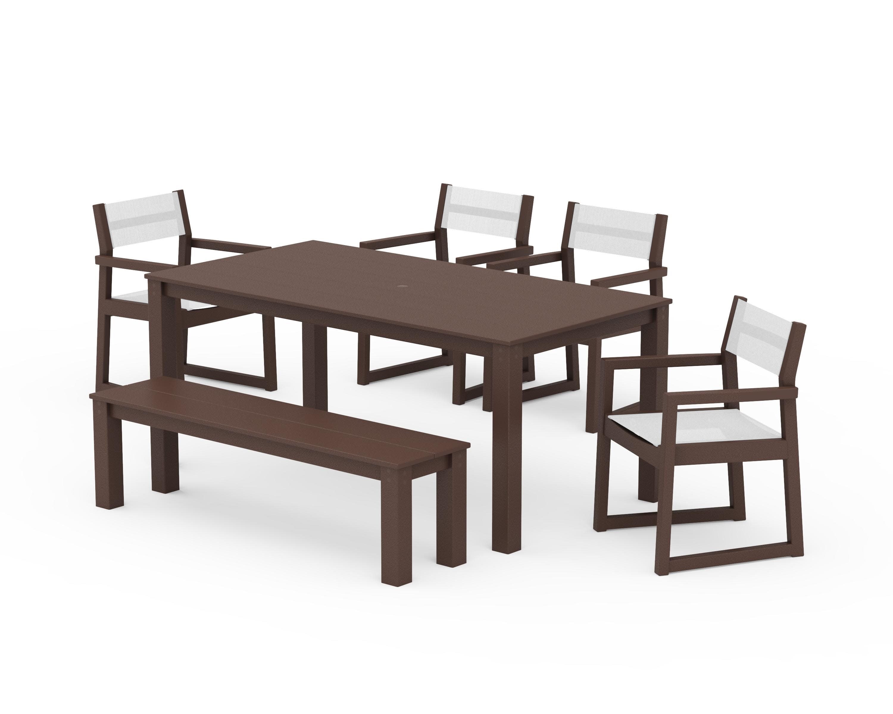 EDGE Sling Arm Chair 6-Piece Parsons Dining Set with Bench in Mahogany / White Sling