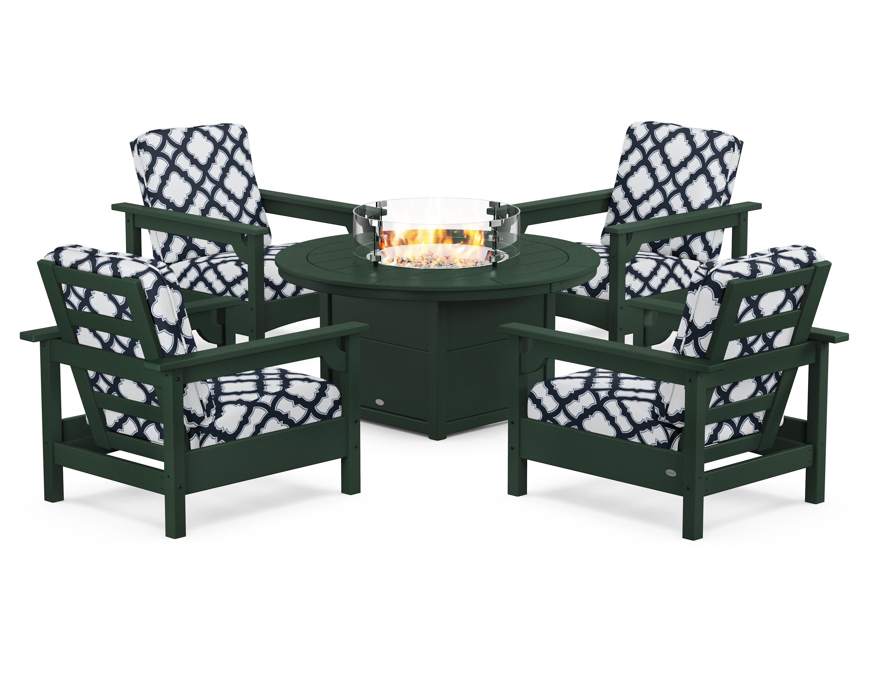 Club 5-Piece Conversation Set with Fire Pit Table in Green / Trellis Marine Indigo