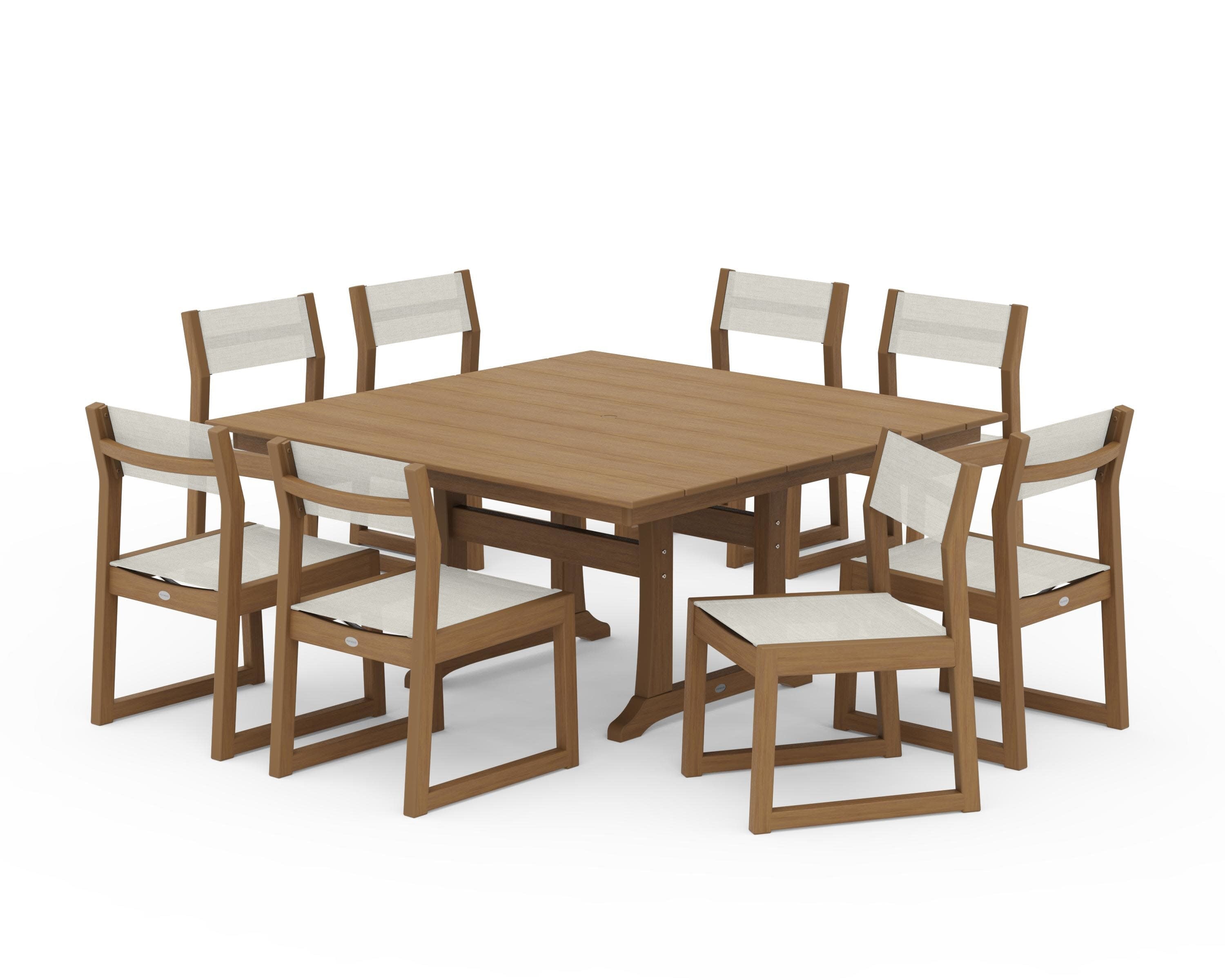 EDGE Sling Side Chair 9-Piece Farmhouse Trestle Dining Set in Natural / Parchment Sling