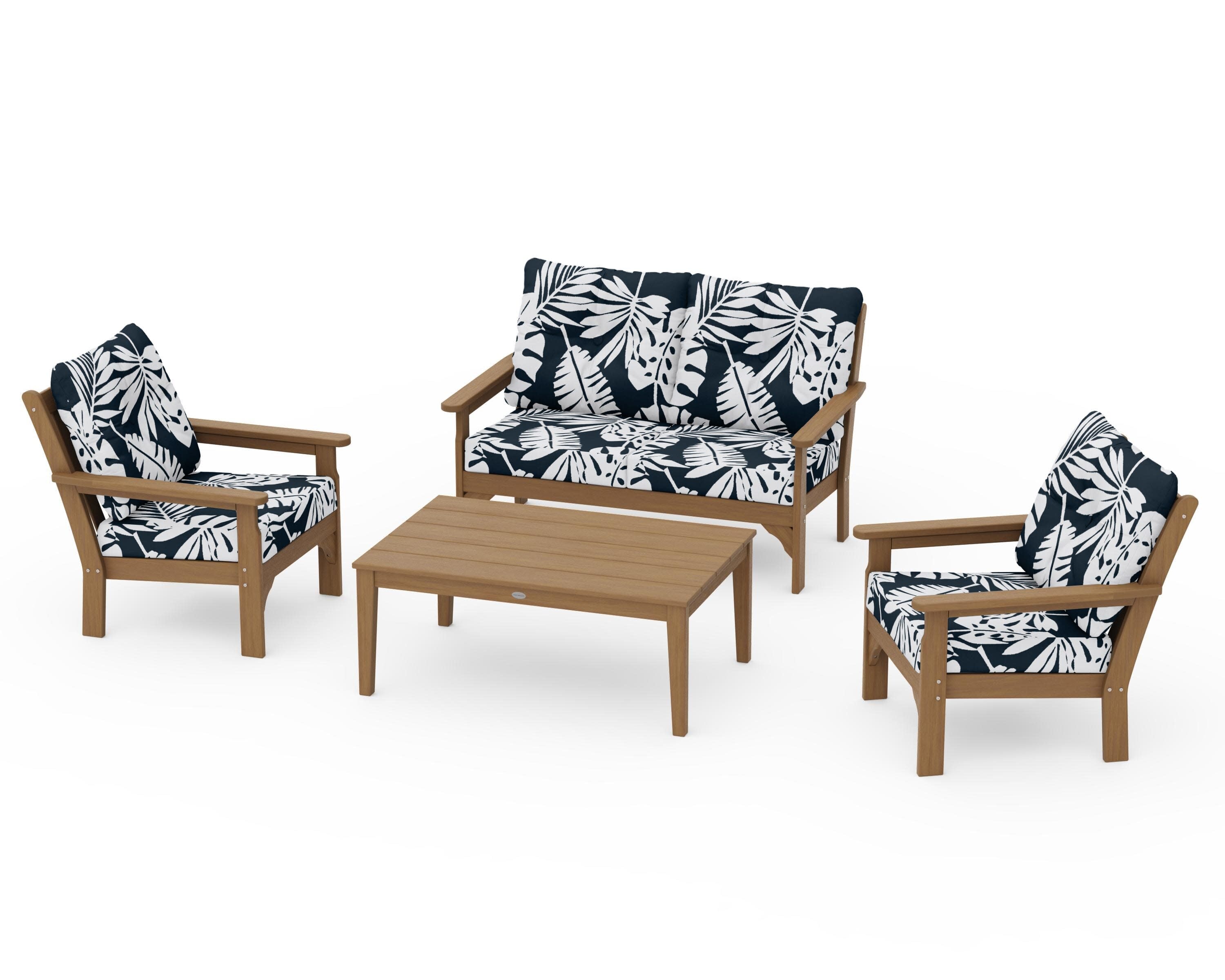 Vineyard 4-Piece Deep Seating Set in Natural / Leaf Marine Indigo