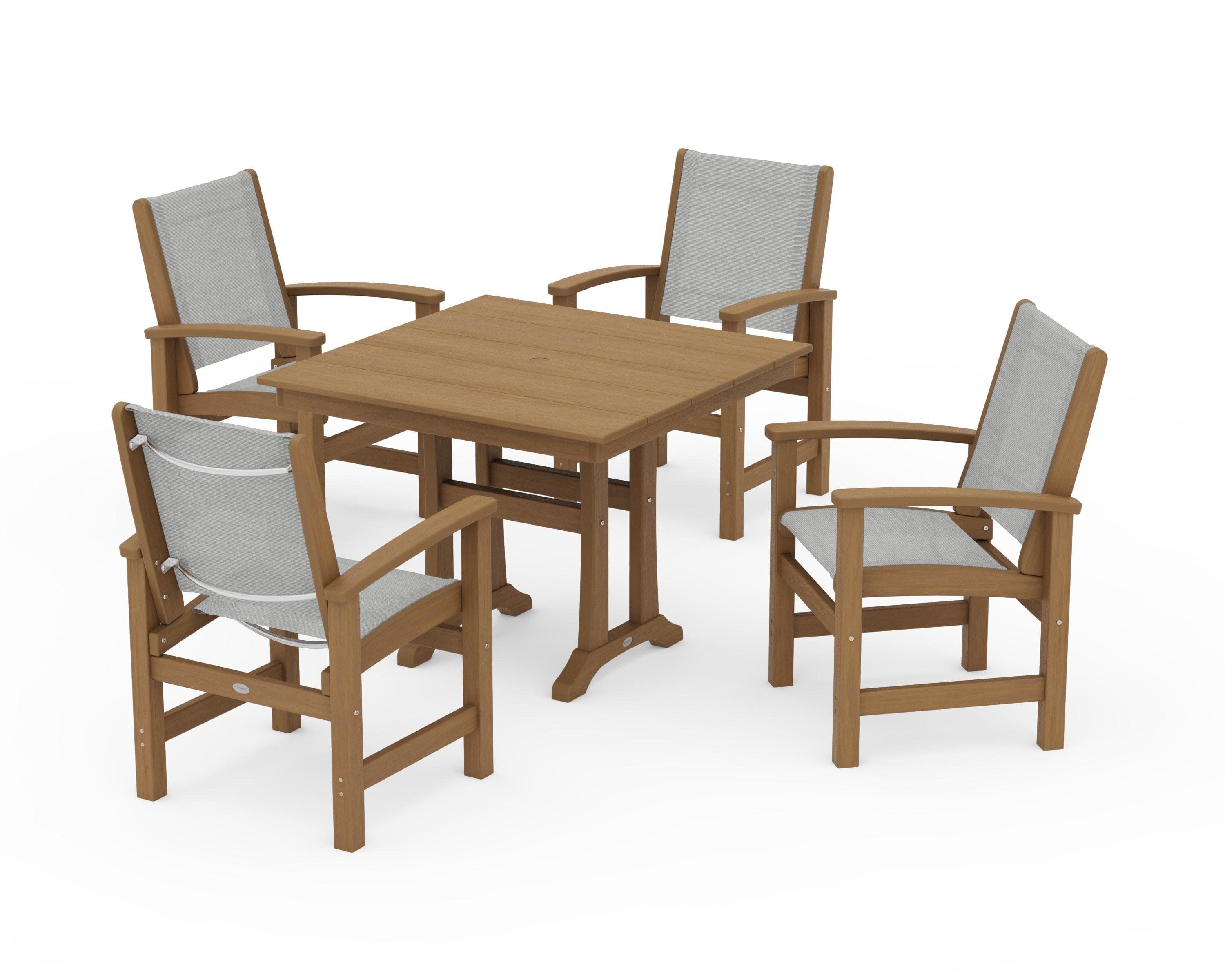 Coastal 5-Piece Farmhouse Dining Set With Trestle Legs in Natural / Metallic Sling