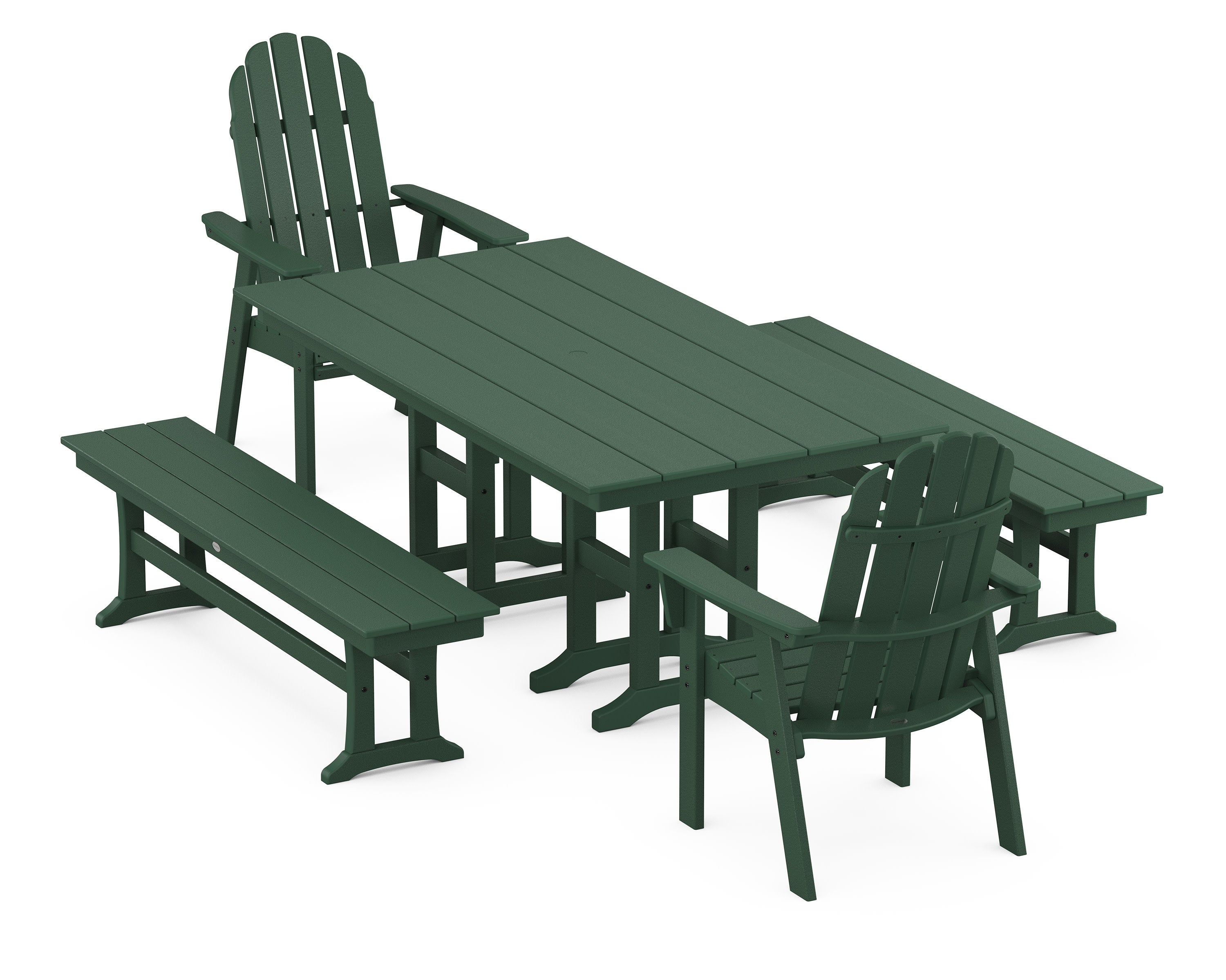 Vineyard Curveback Adirondack 5-Piece Farmhouse Dining Set with Benches in Green