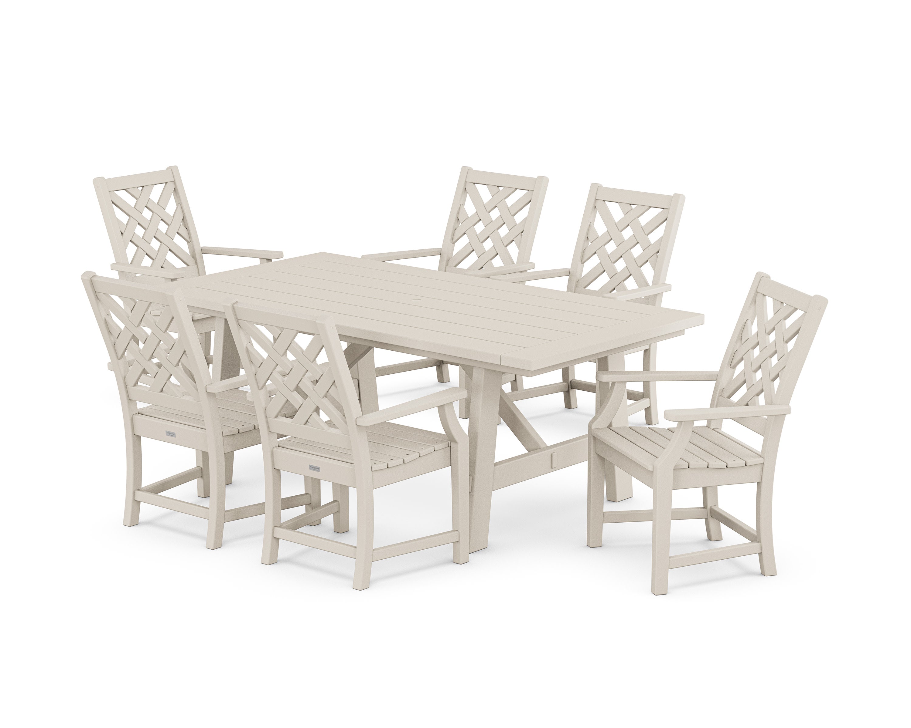 Wovendale Arm Chair 7-Piece Rustic Farmhouse Dining Set in Sand