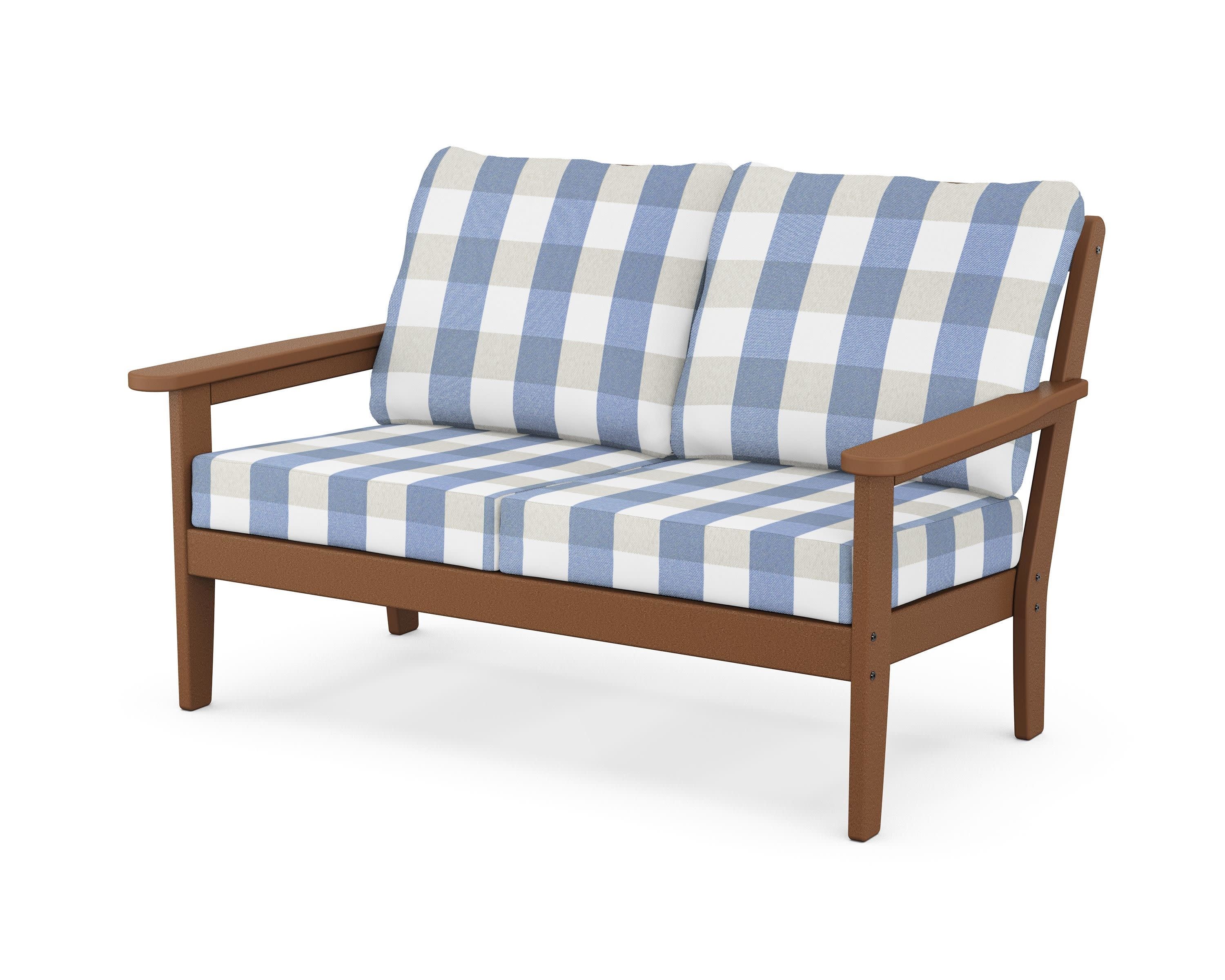 Cottage Deep Seating Loveseat in Teak / Buffalo Plaid Sky Blue