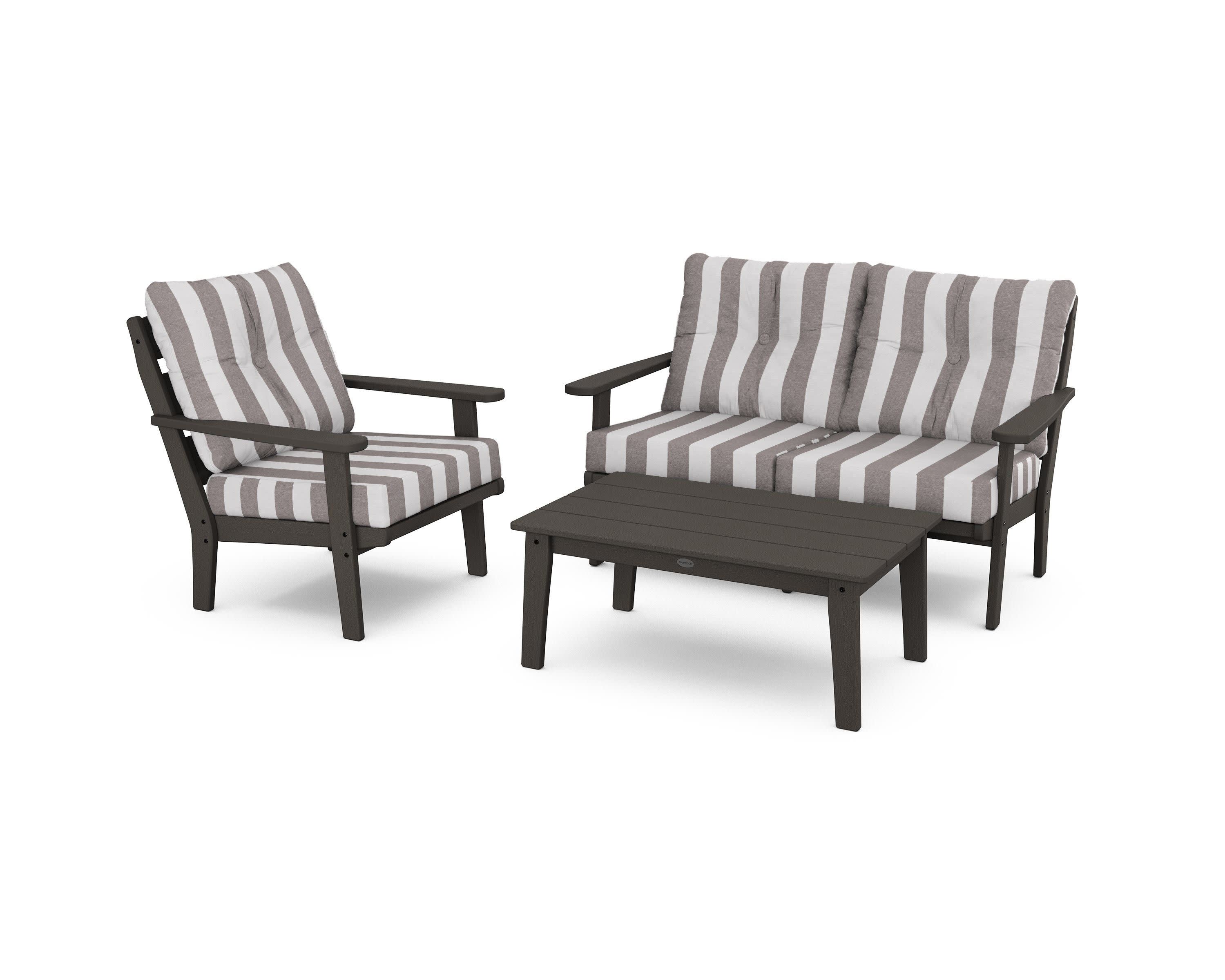 Lakeside 3-Piece Deep Seating Set in Vintage Coffee / Cabana Stripe Grey Mist