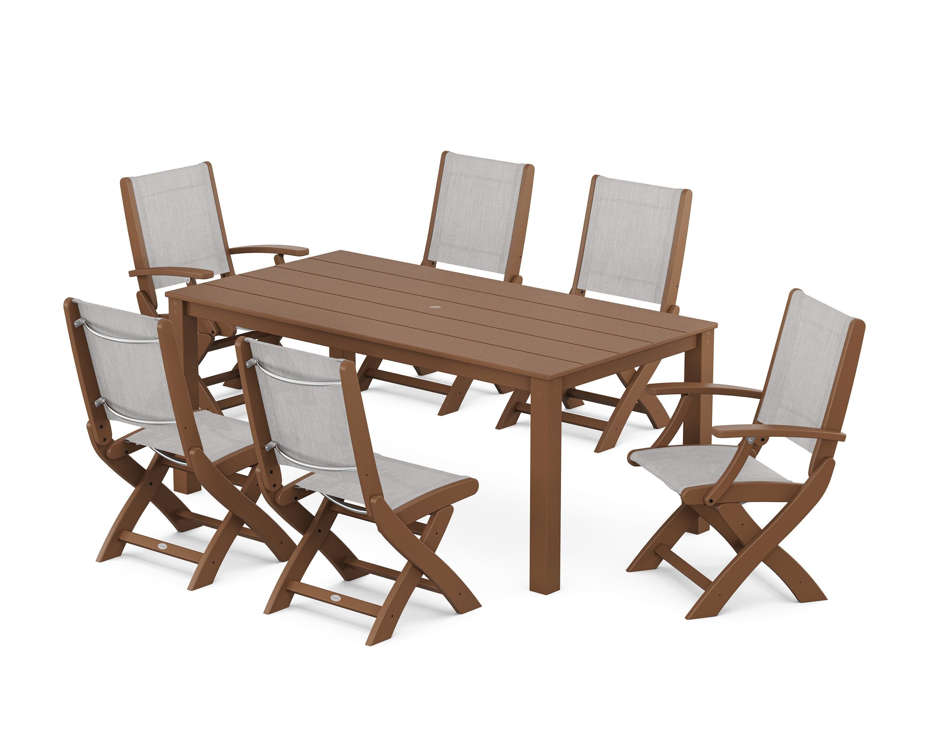 Coastal Folding Chair 7-Piece Parsons Dining Set in Teak / Parchment Sling