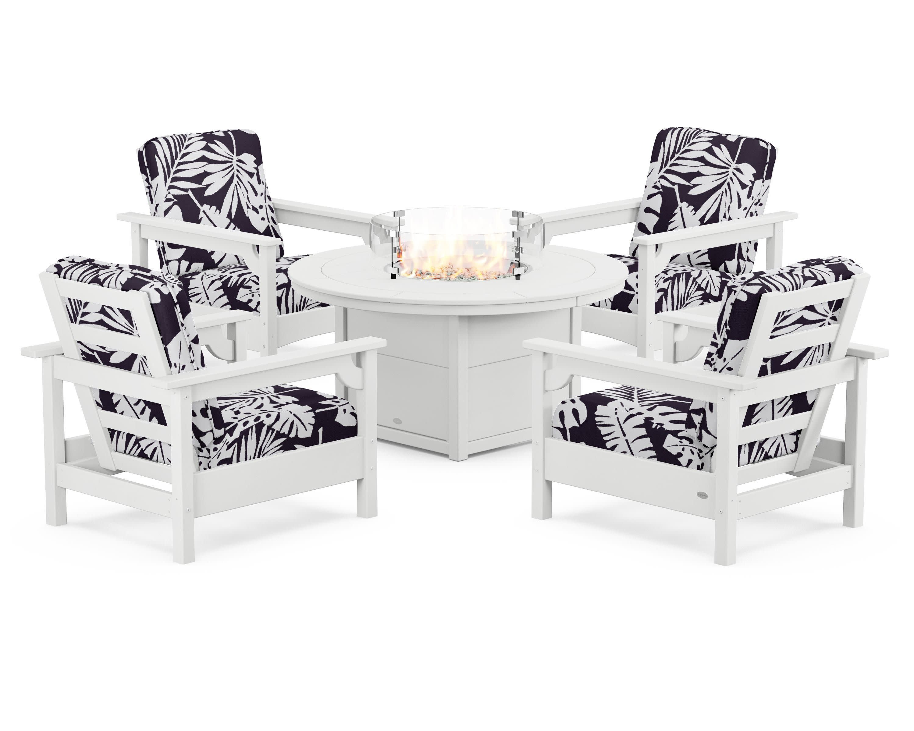 Club 5-Piece Conversation Set with Fire Pit Table in White / Leaf Navy