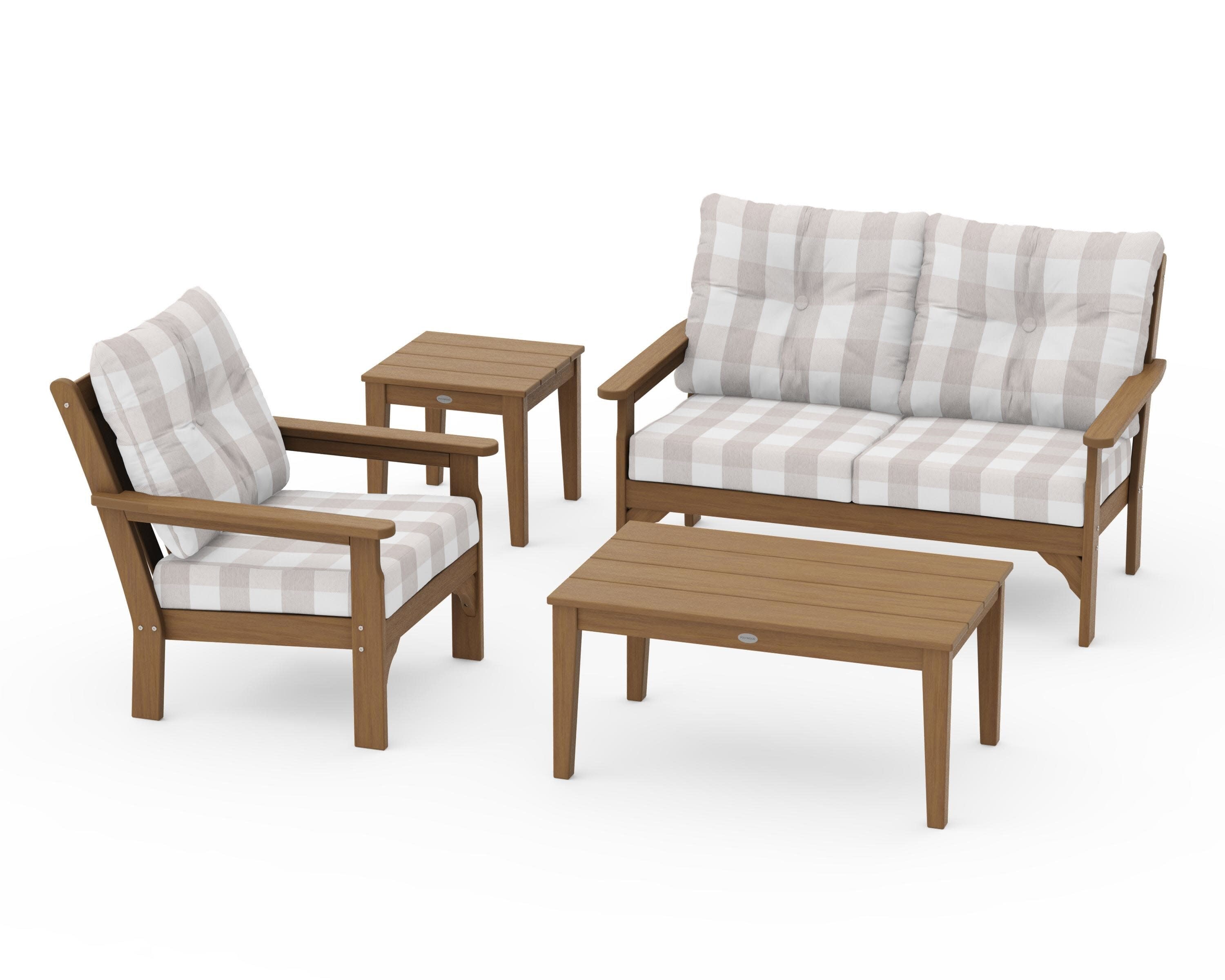 Vineyard 4-Piece Deep Seating Set in Natural / Buffalo Plaid Dune Burlap