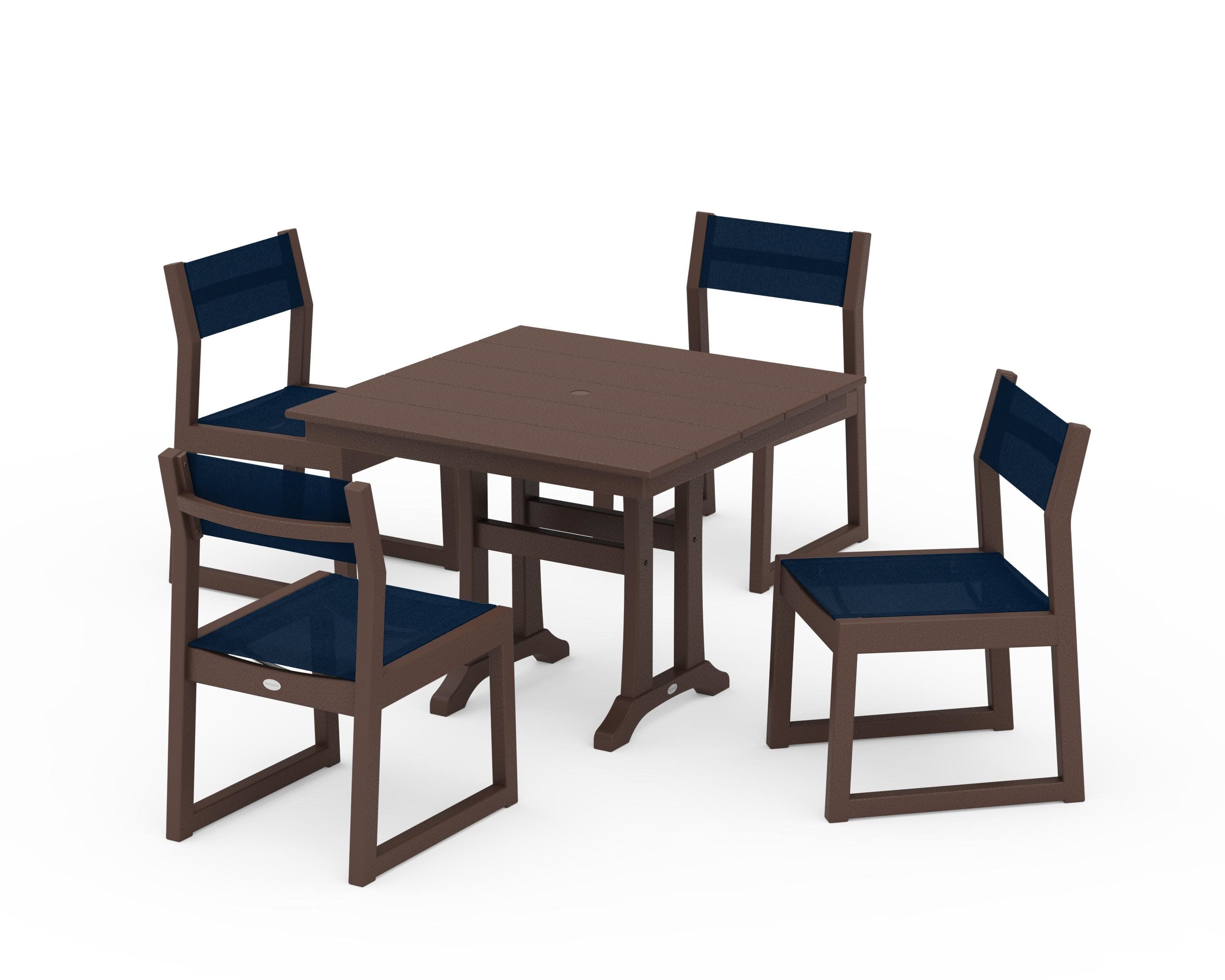 EDGE Sling 5-Piece Farmhouse Trestle Side Chair Dining Set in Mahogany / Navy Blue Sling