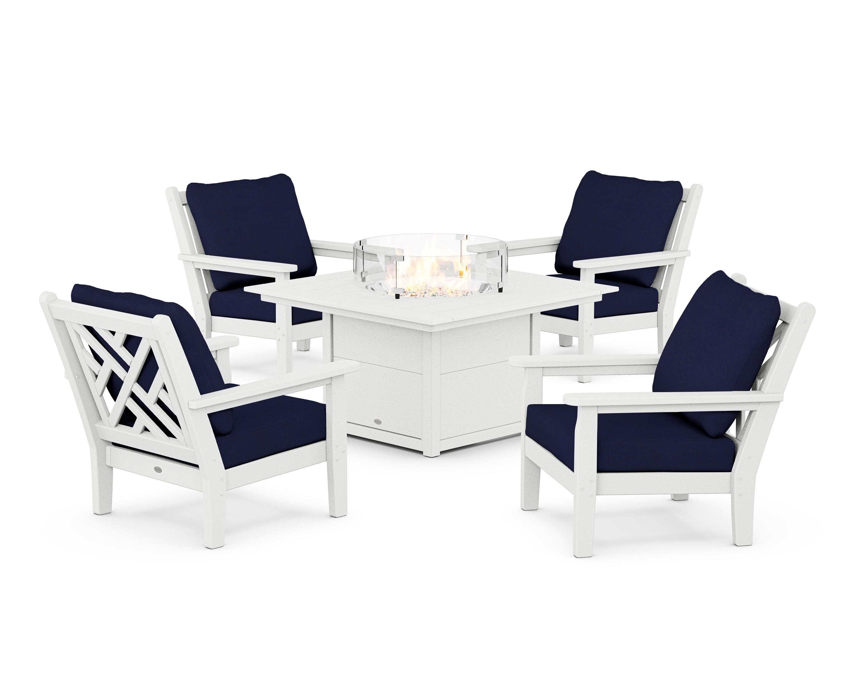 Chippendale 5-Piece Deep Seating Set with Fire Pit Table in White / Navy
