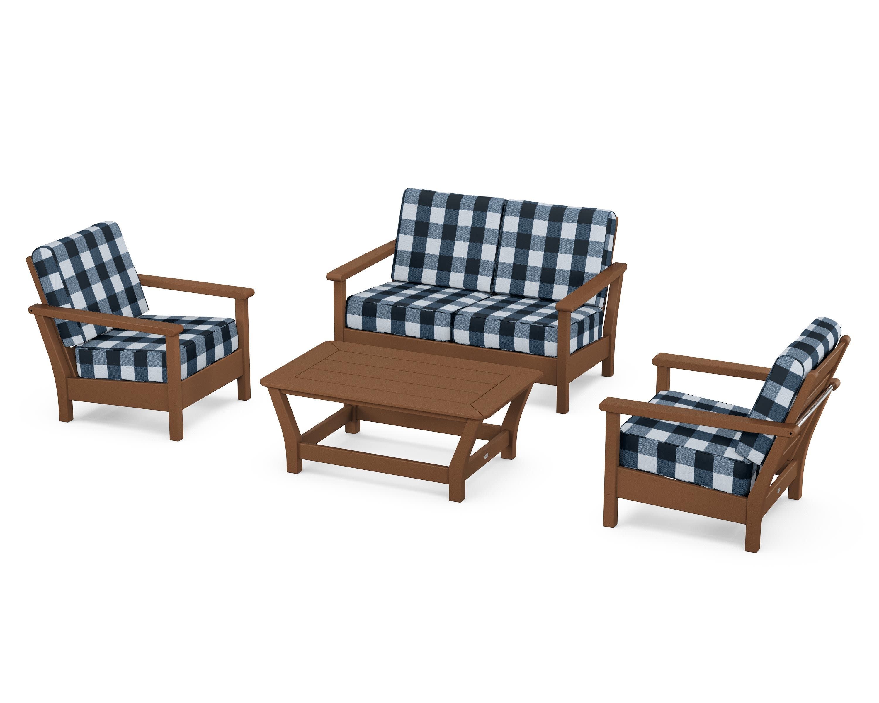 Harbour 4-Piece Deep Seating Set in Teak / Buffalo Plaid Marine Indigo