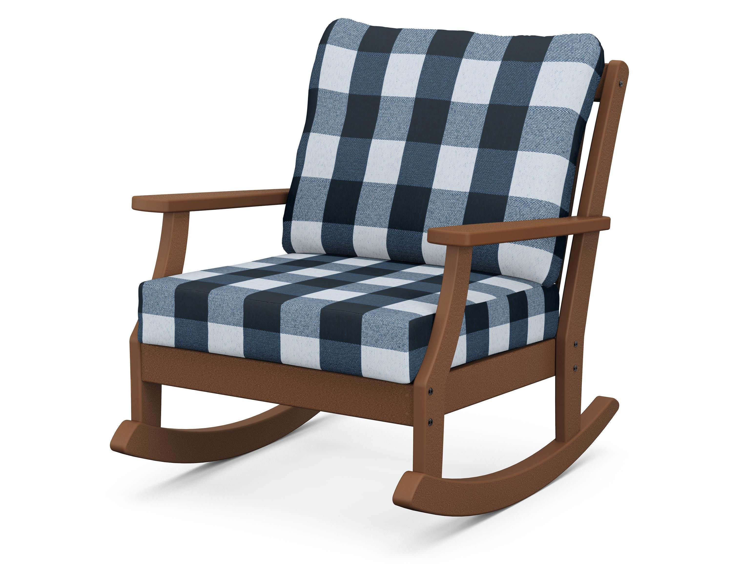 Braxton Deep Seating Rocking Chair in Teak / Buffalo Plaid Marine Indigo
