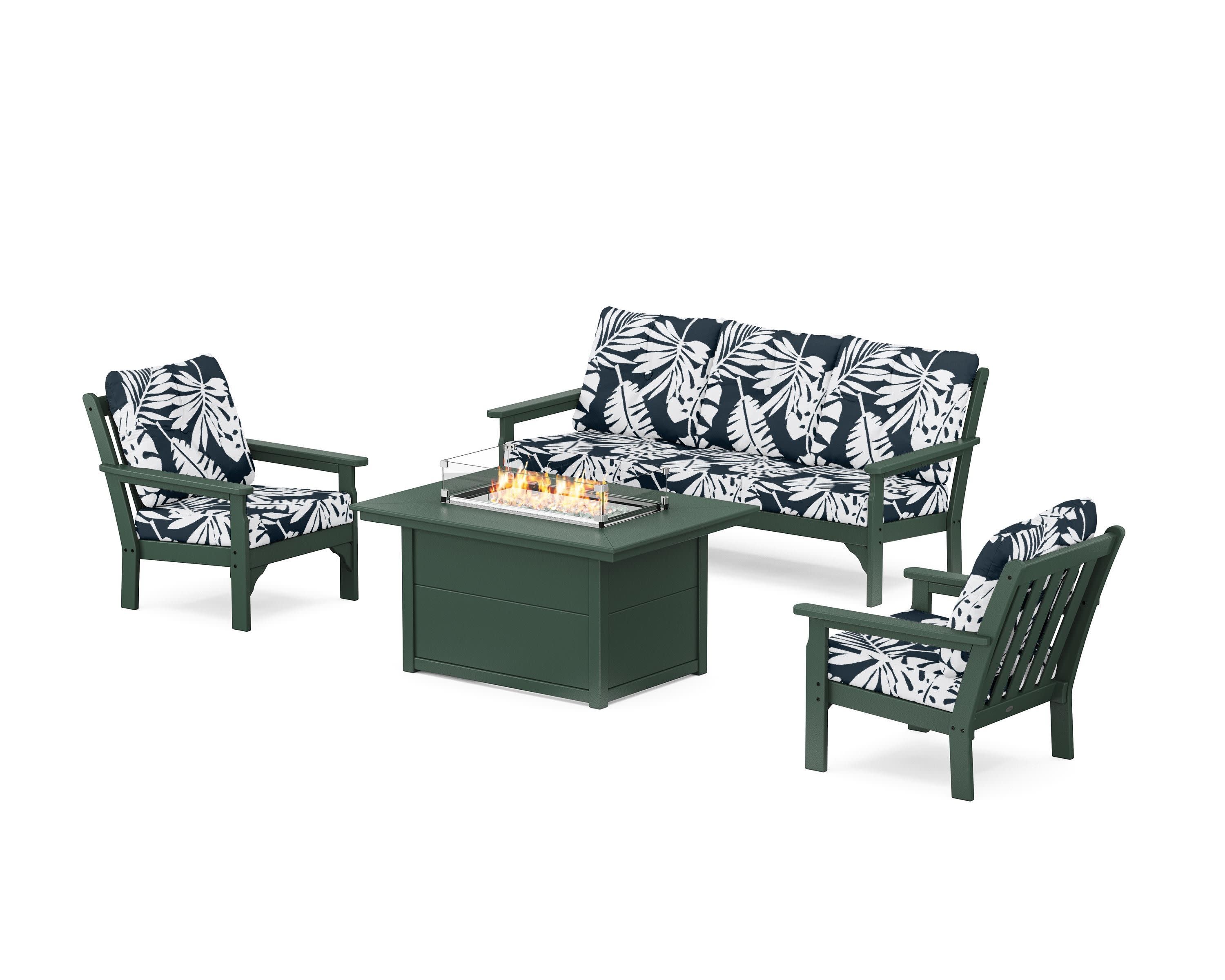 Vineyard Deep Seating Fire Pit Table Set in Green / Leaf Marine Indigo