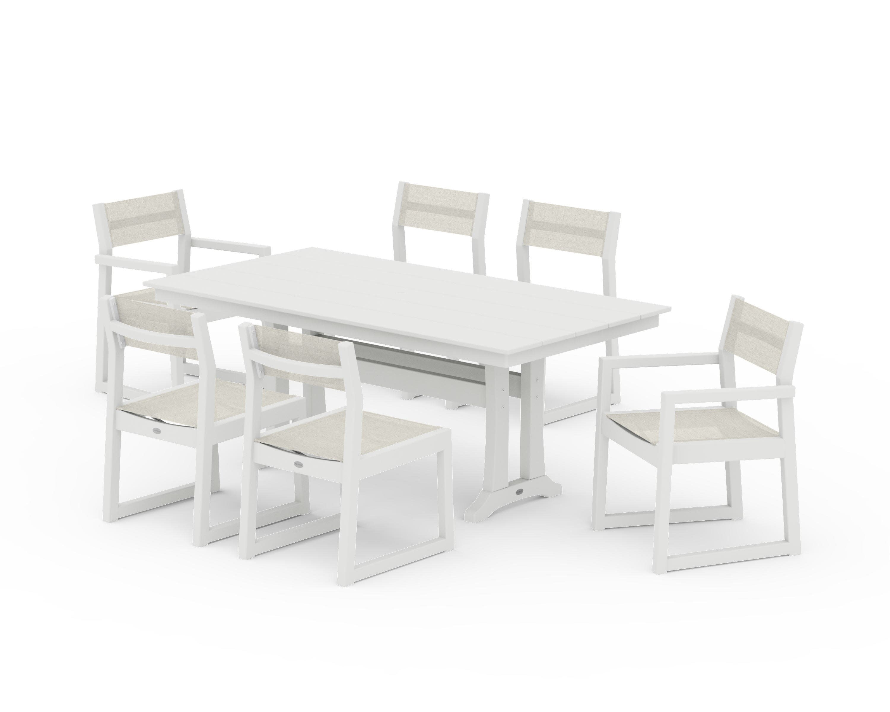 EDGE Sling 7-Piece Farmhouse Trestle Dining Set in Vintage White / Parchment Sling
