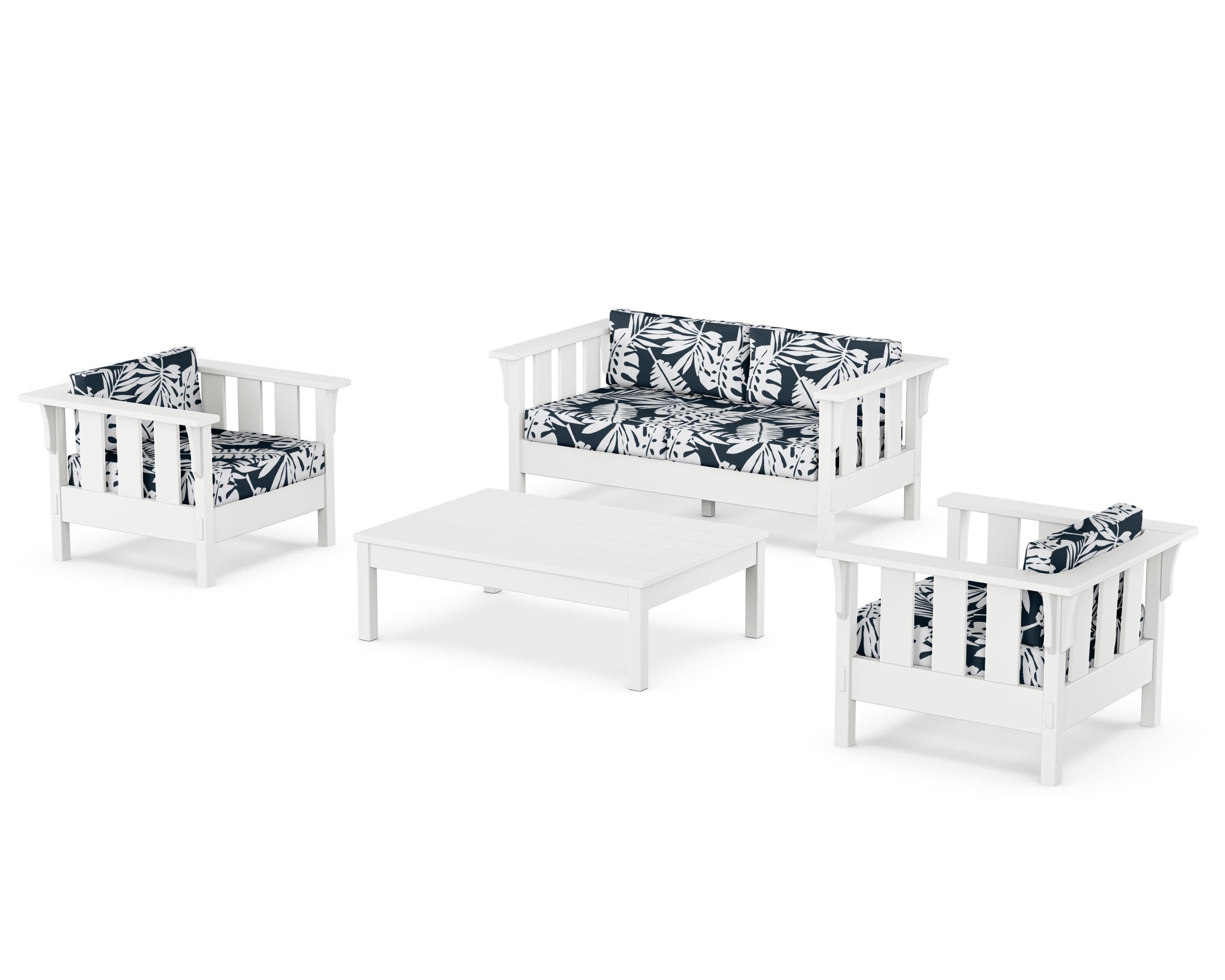 Acadia 4-Piece Deep Seating Set with Loveseat in White / Leaf Marine Indigo