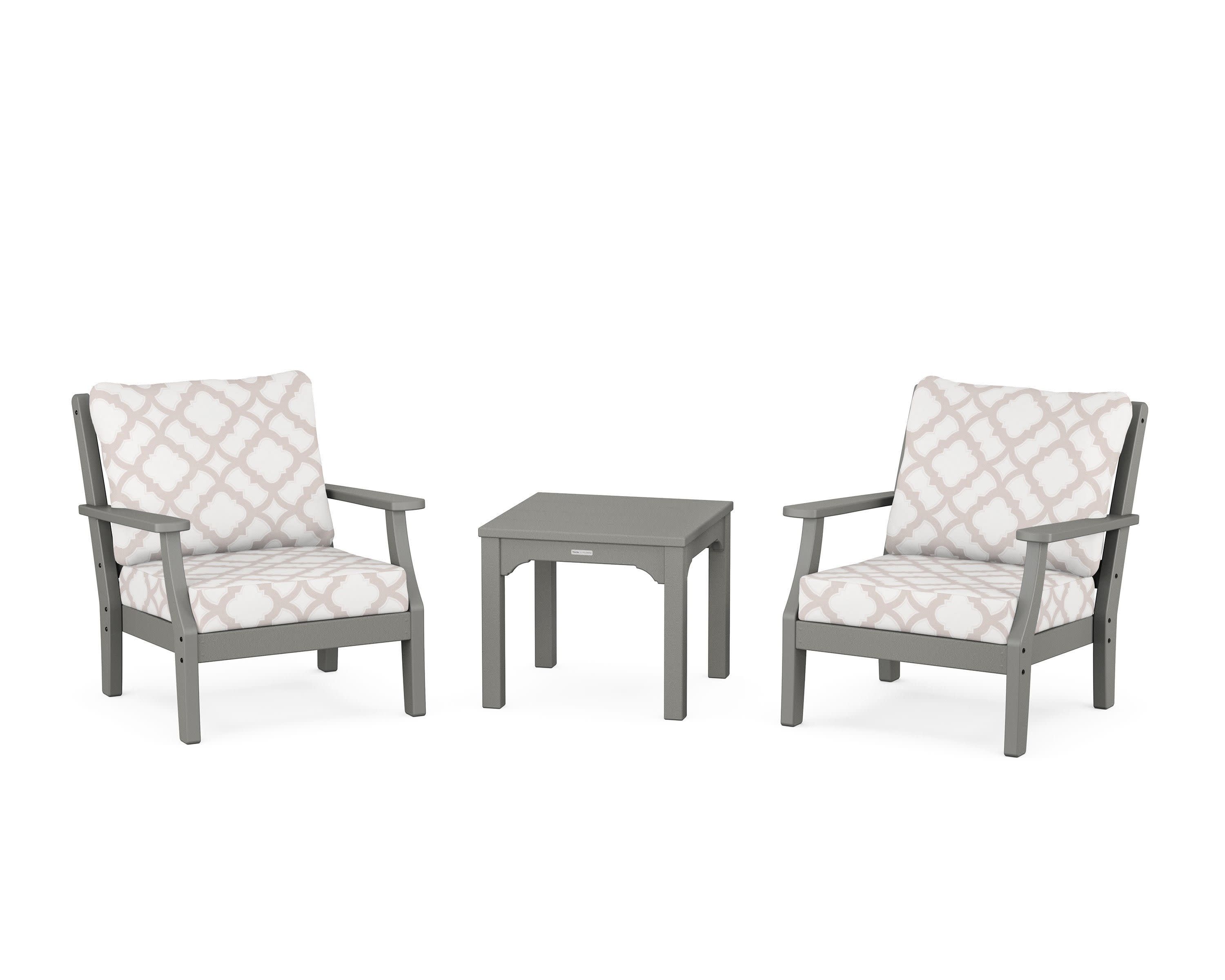 Chinoiserie 3-Piece Deep Seating Set in Slate Grey / Trellis Dune Burlap