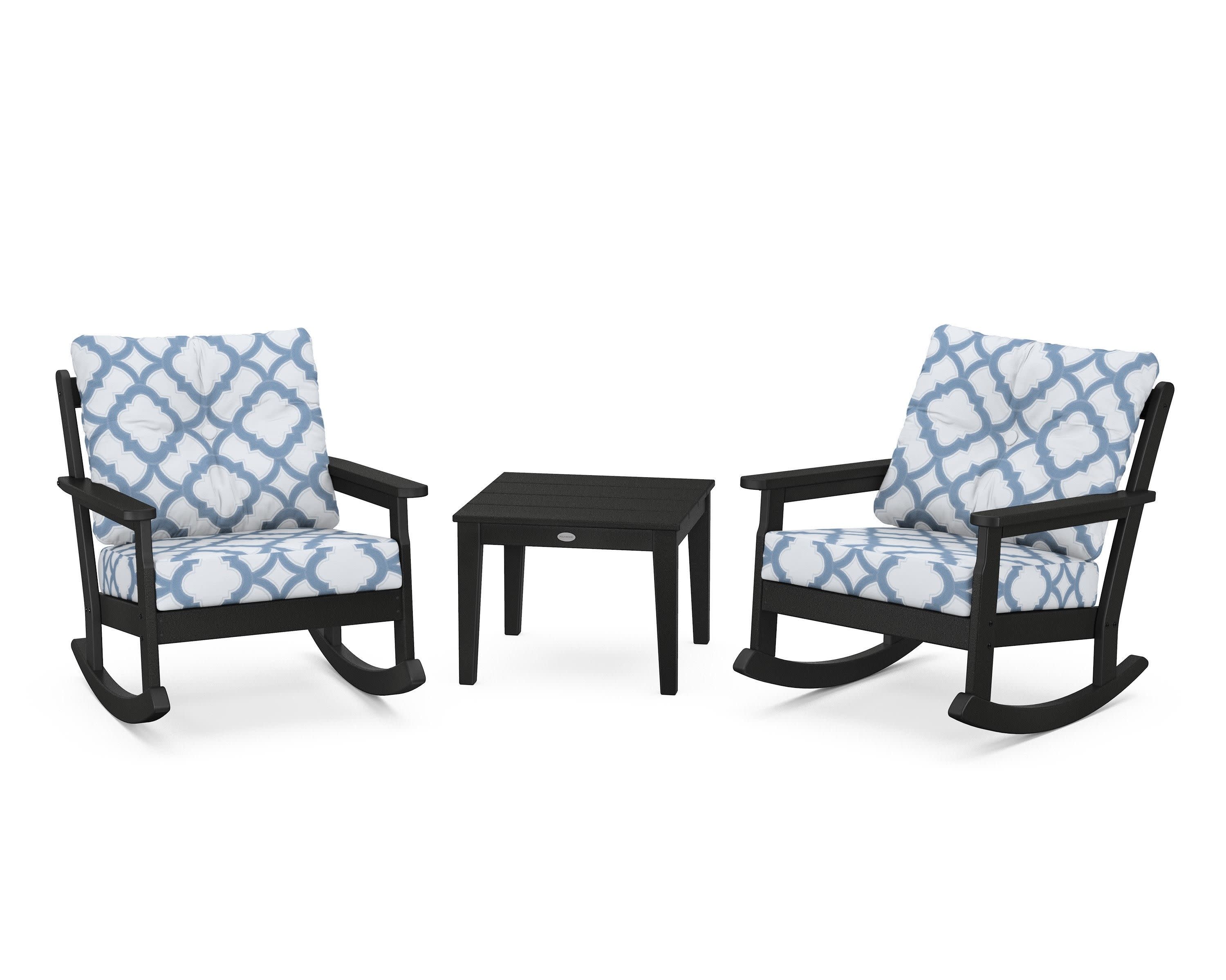 Vineyard 3-Piece Deep Seating Rocker Set in Black / Trellis Sky Blue