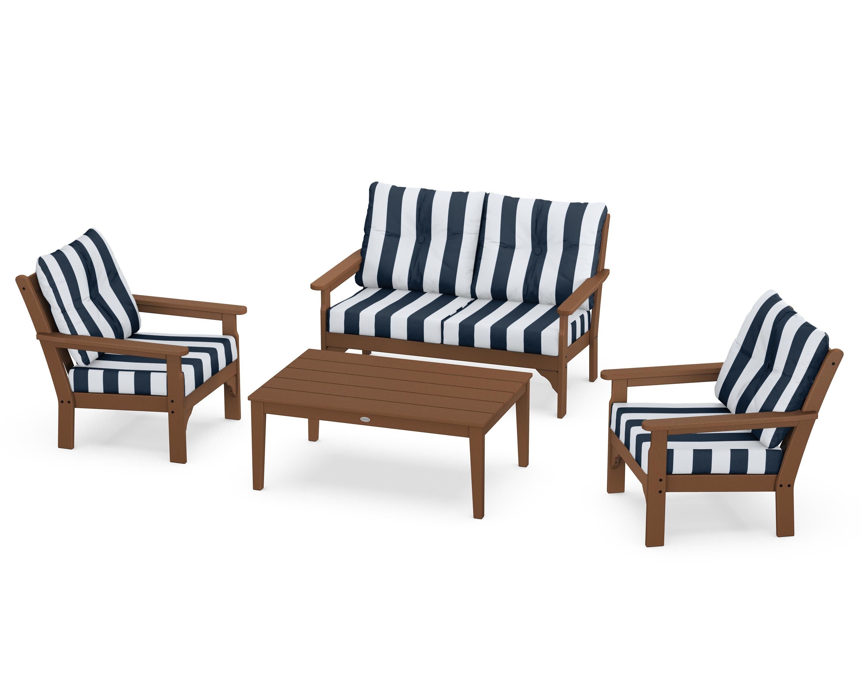Vineyard 4-Piece Deep Seating Set in Teak / Cabana Stripe Marine Indigo