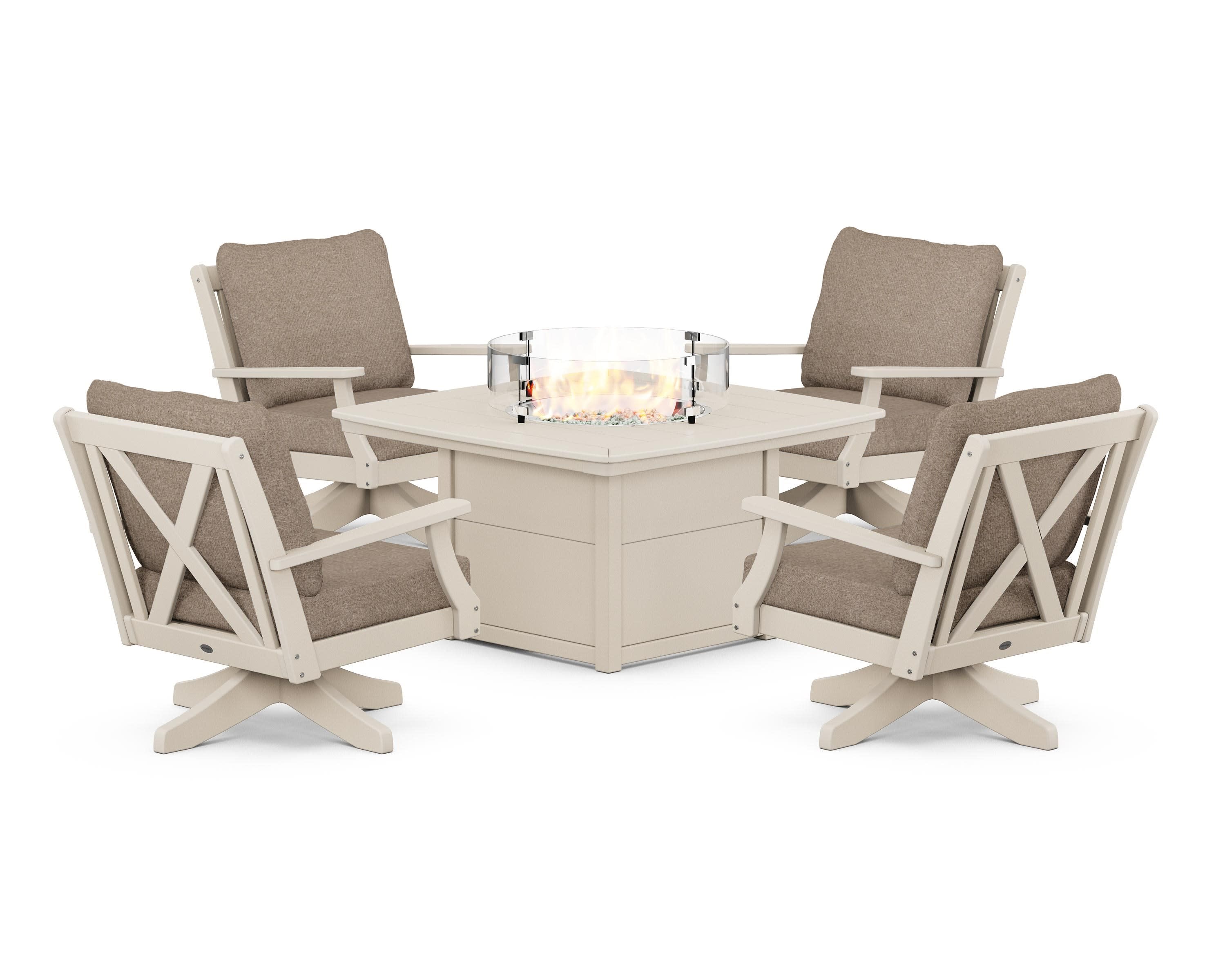 Braxton 5-Piece Deep Seating Swivel Conversation Set with Fire Pit Table in Sand / Spiced Burlap