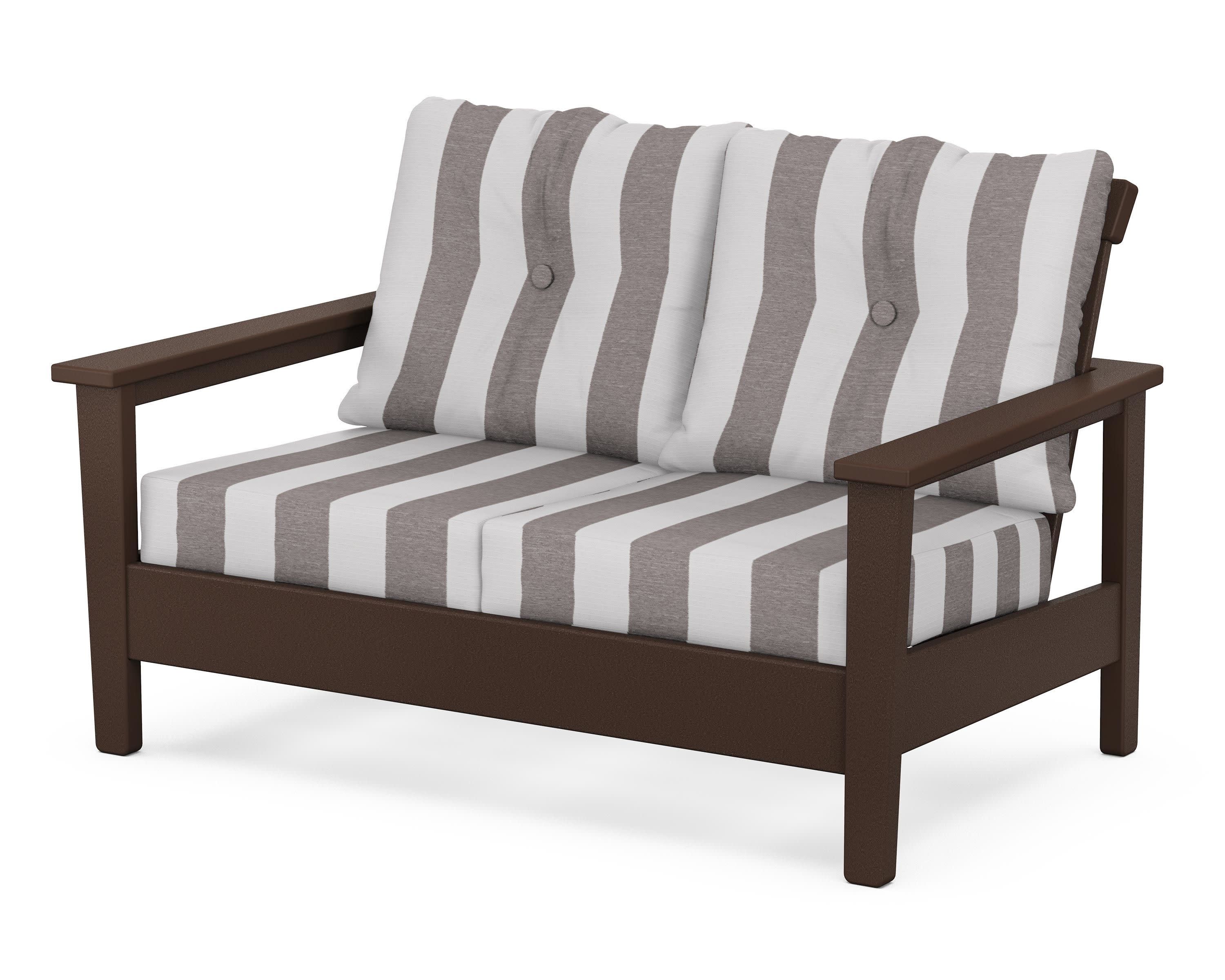 Prescott Deep Seating Loveseat in Mahogany / Cabana Stripe Grey Mist