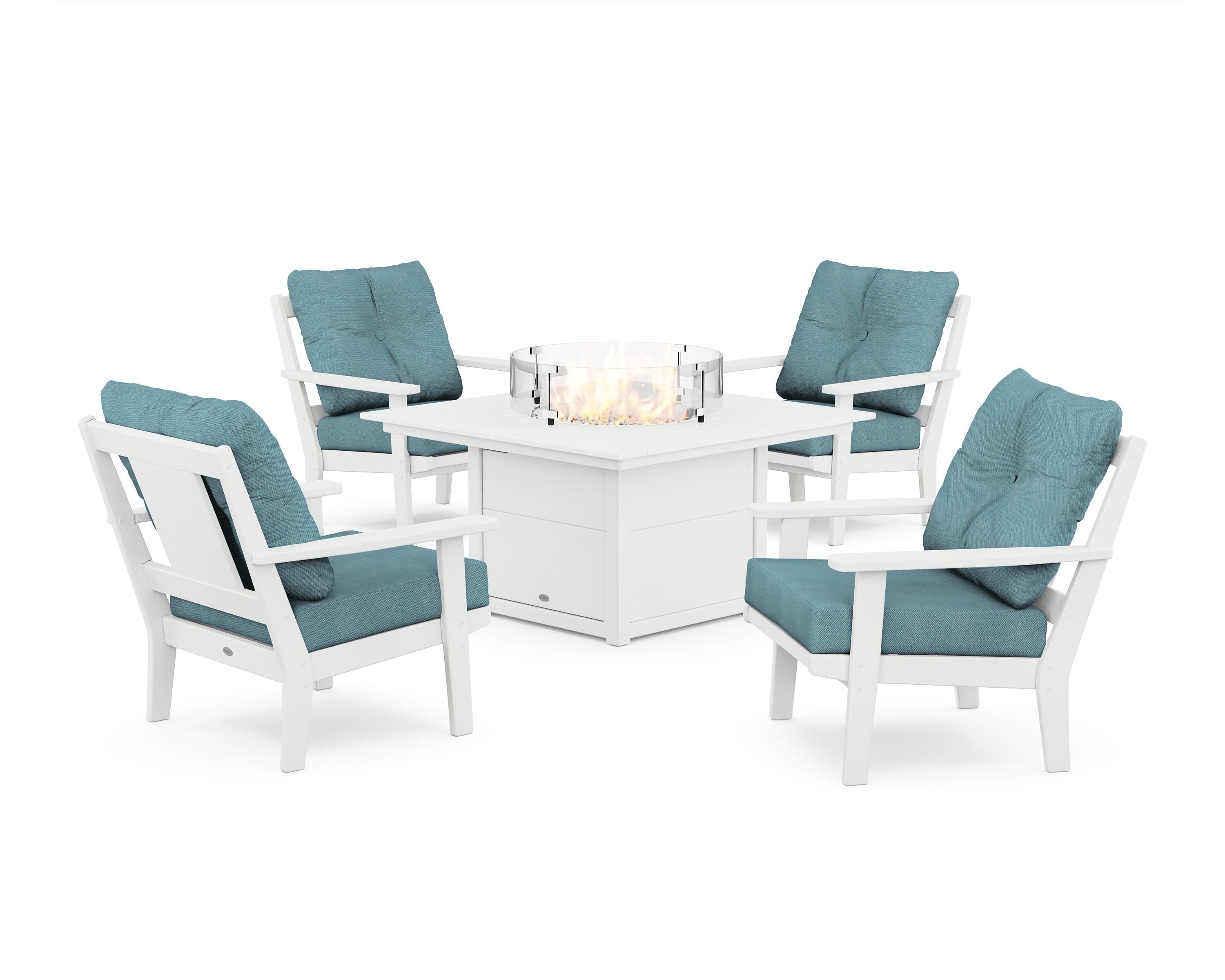 Prairie 5-Piece Deep Seating Set with Fire Pit Table in White / Lattice Sky Blue