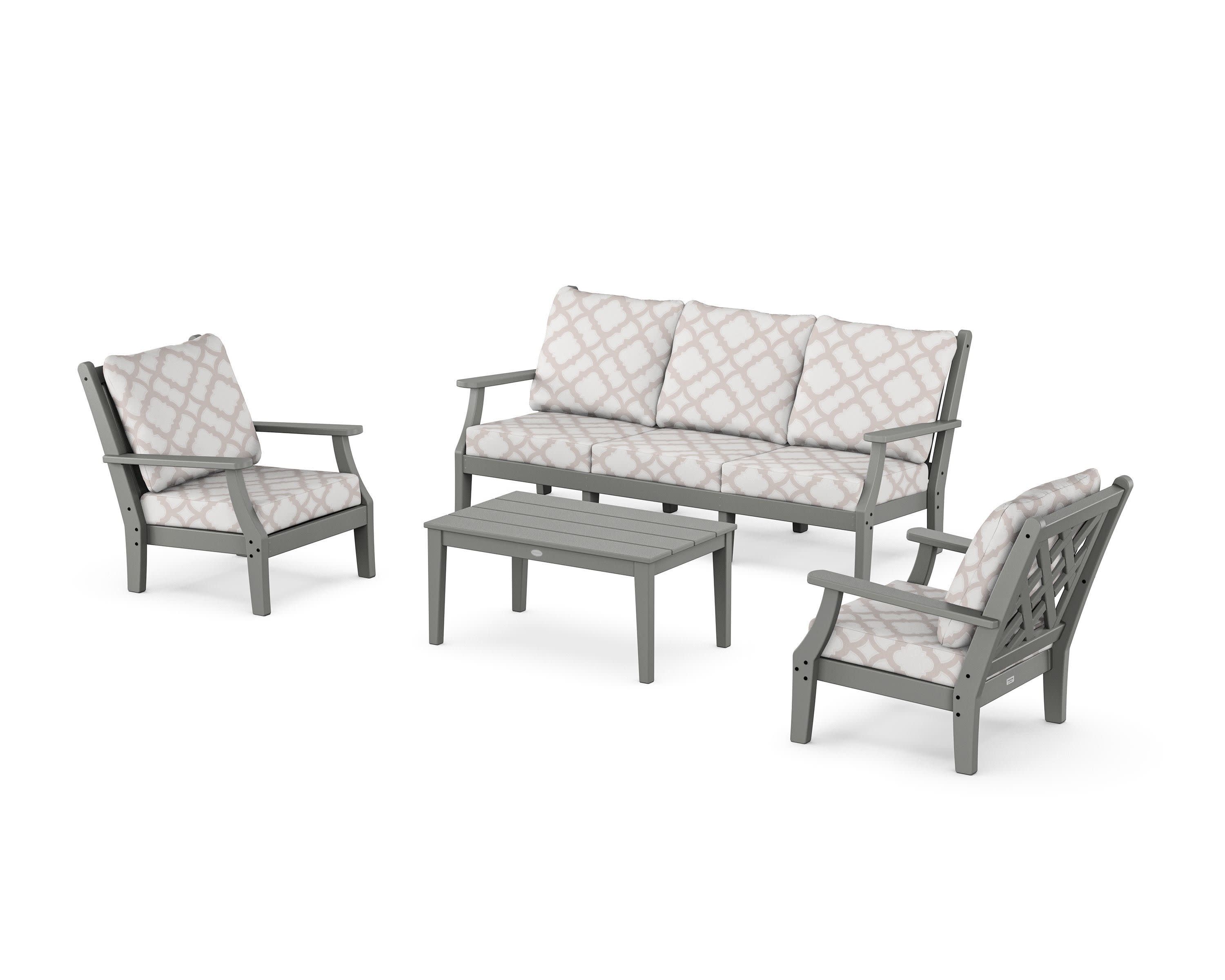 Wovendale 4-Piece Deep Seating Set with Sofa in Slate Grey / Trellis Dune Burlap