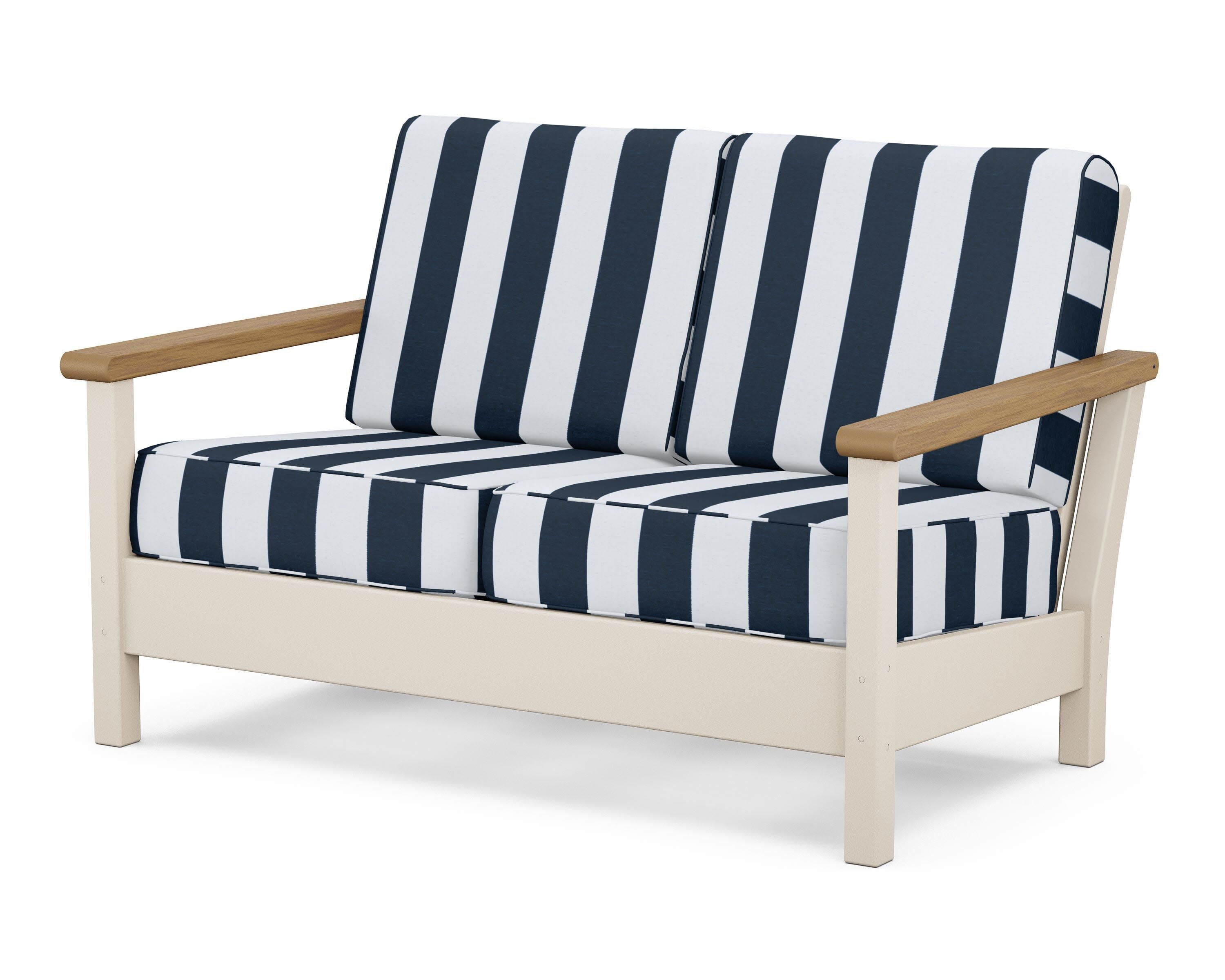 Harbour Deep Seating Loveseat in Sand / Natural / Cabana Stripe Marine Indigo