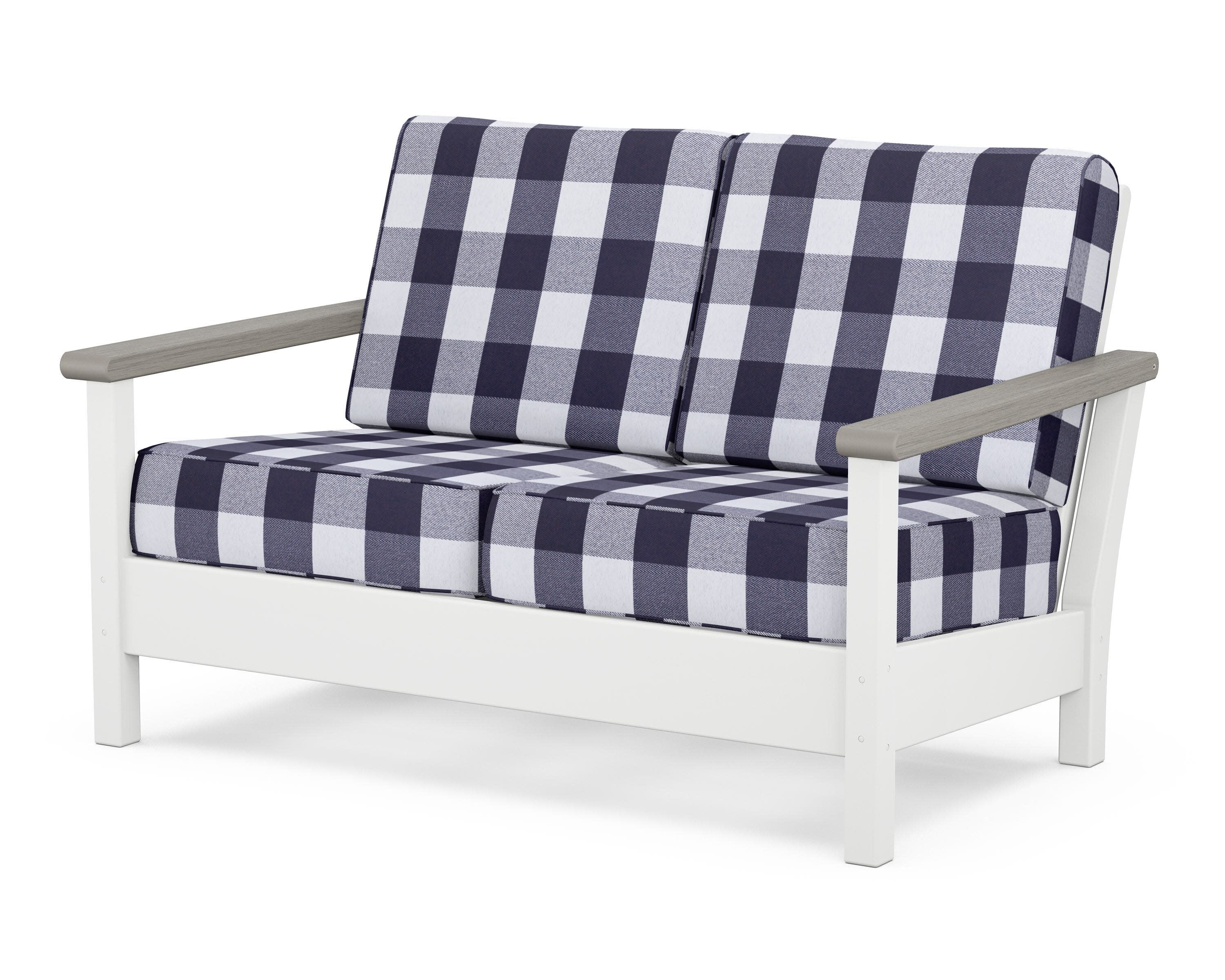 Harbour Deep Seating Loveseat in White / Driftwood / Buffalo Plaid Navy