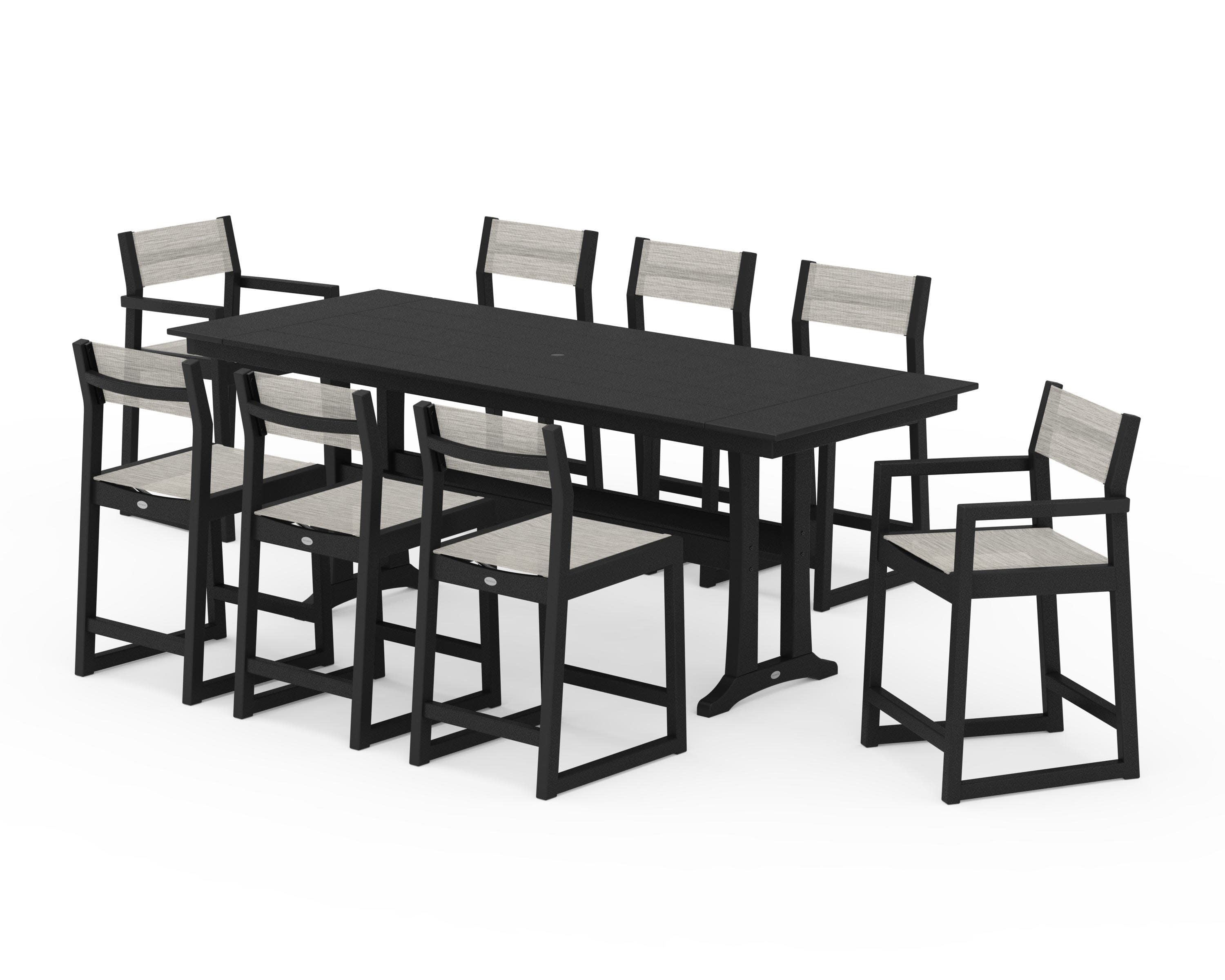 EDGE Sling 9-Piece Farmhouse Counter Set with Trestle Legs in Black / Birch Sling