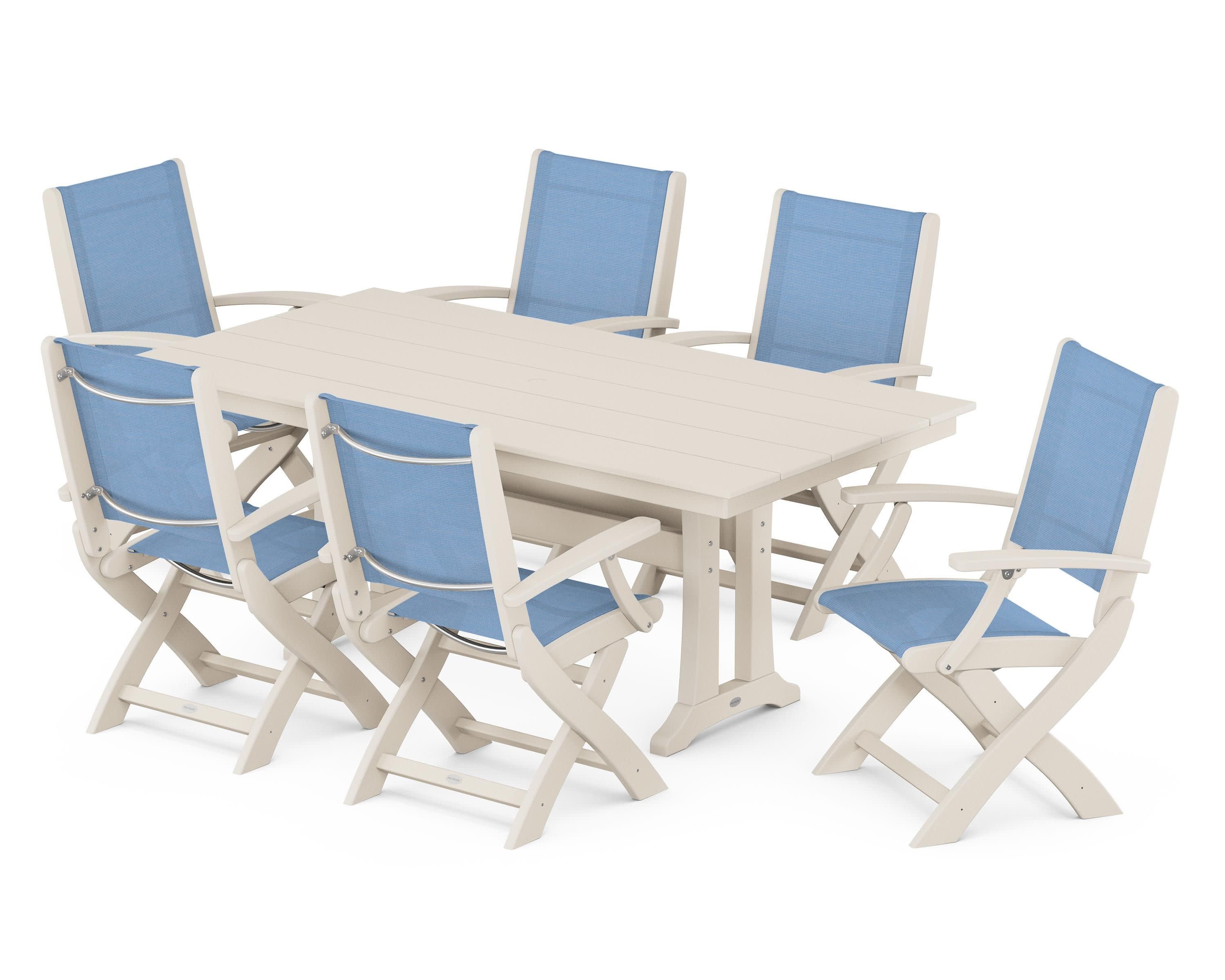 Coastal Folding Arm Chair 7-Piece Farmhouse Dining Set with Trestle Legs in Sand / Poolside Sling