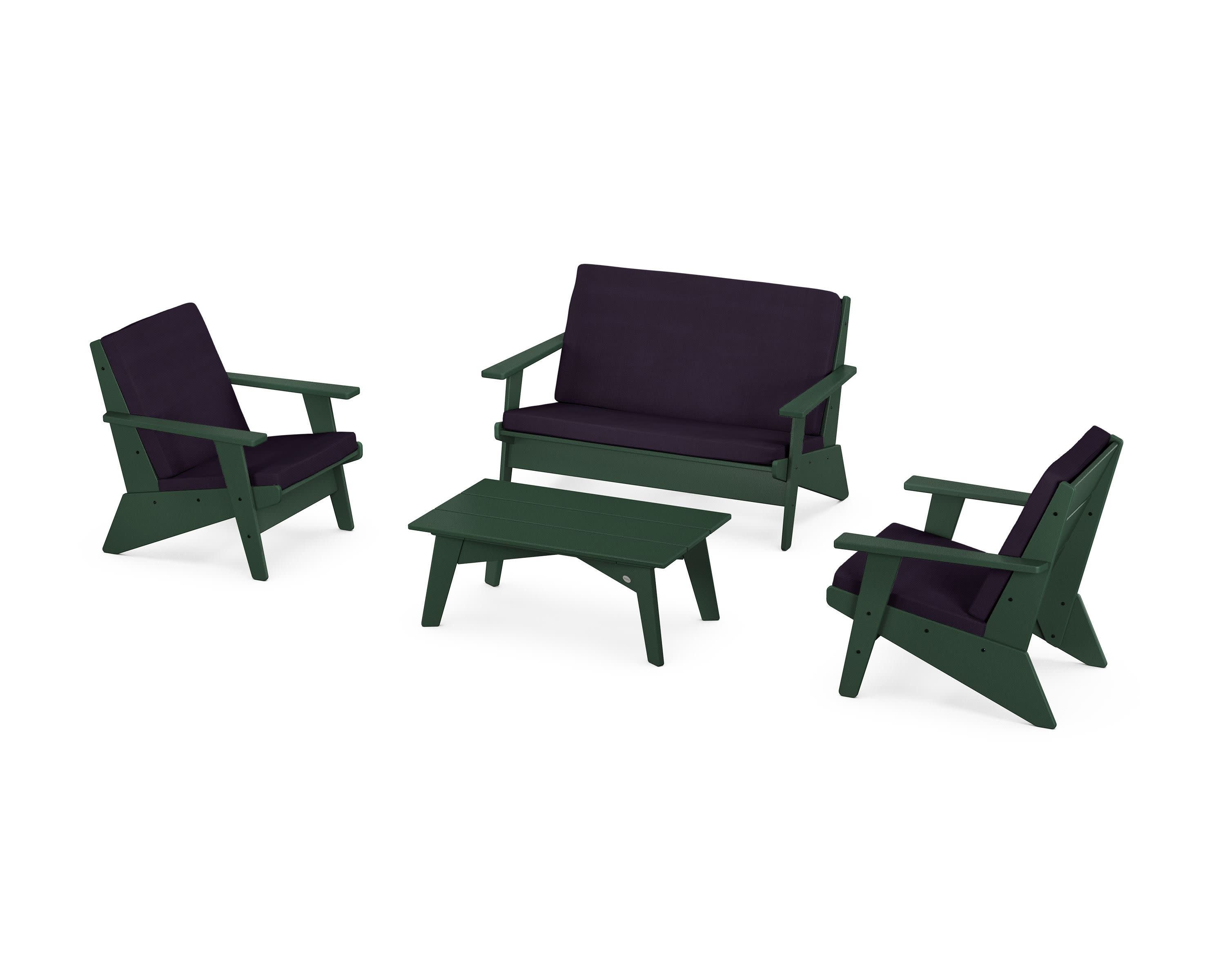 Riviera Modern Lounge 4-Piece Set in Green / Navy Linen