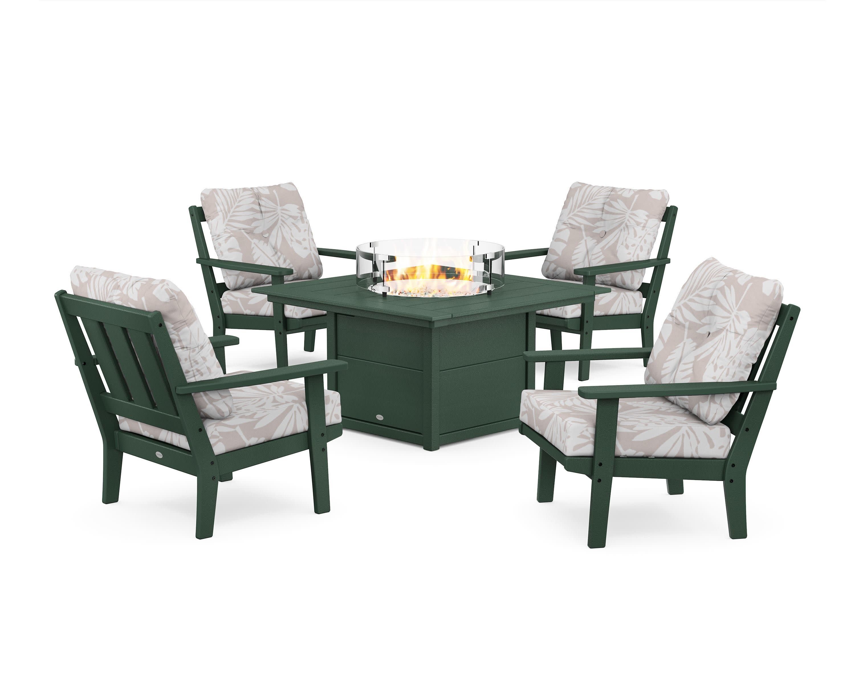 Oxford 5-Piece Deep Seating Set with Fire Pit Table in Green / Leaf Dune Burlap