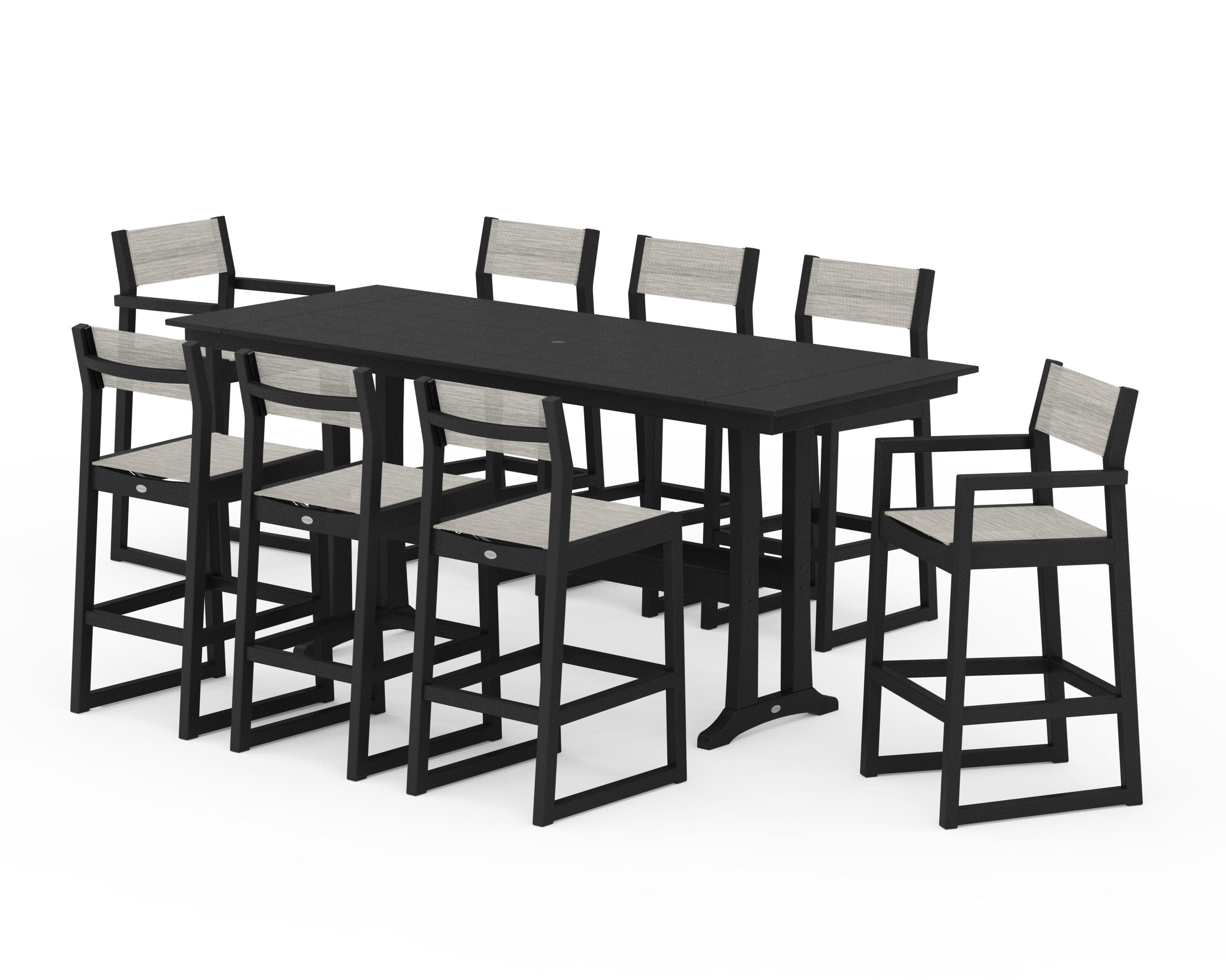 EDGE Sling 9-Piece Farmhouse Bar Set with Trestle Legs in Black / Birch Sling