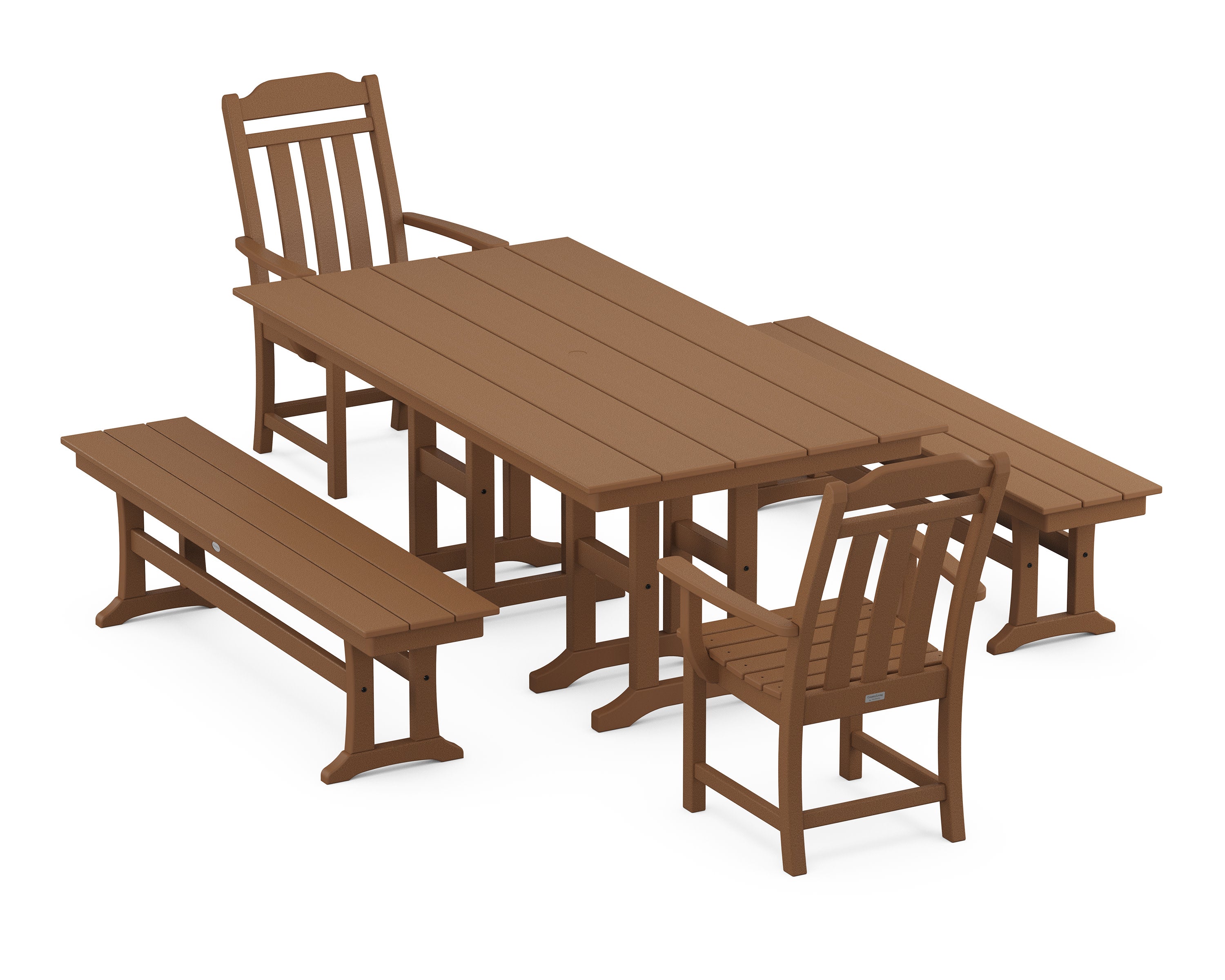 Cottage 5-Piece Farmhouse Dining Set with Benches in Teak