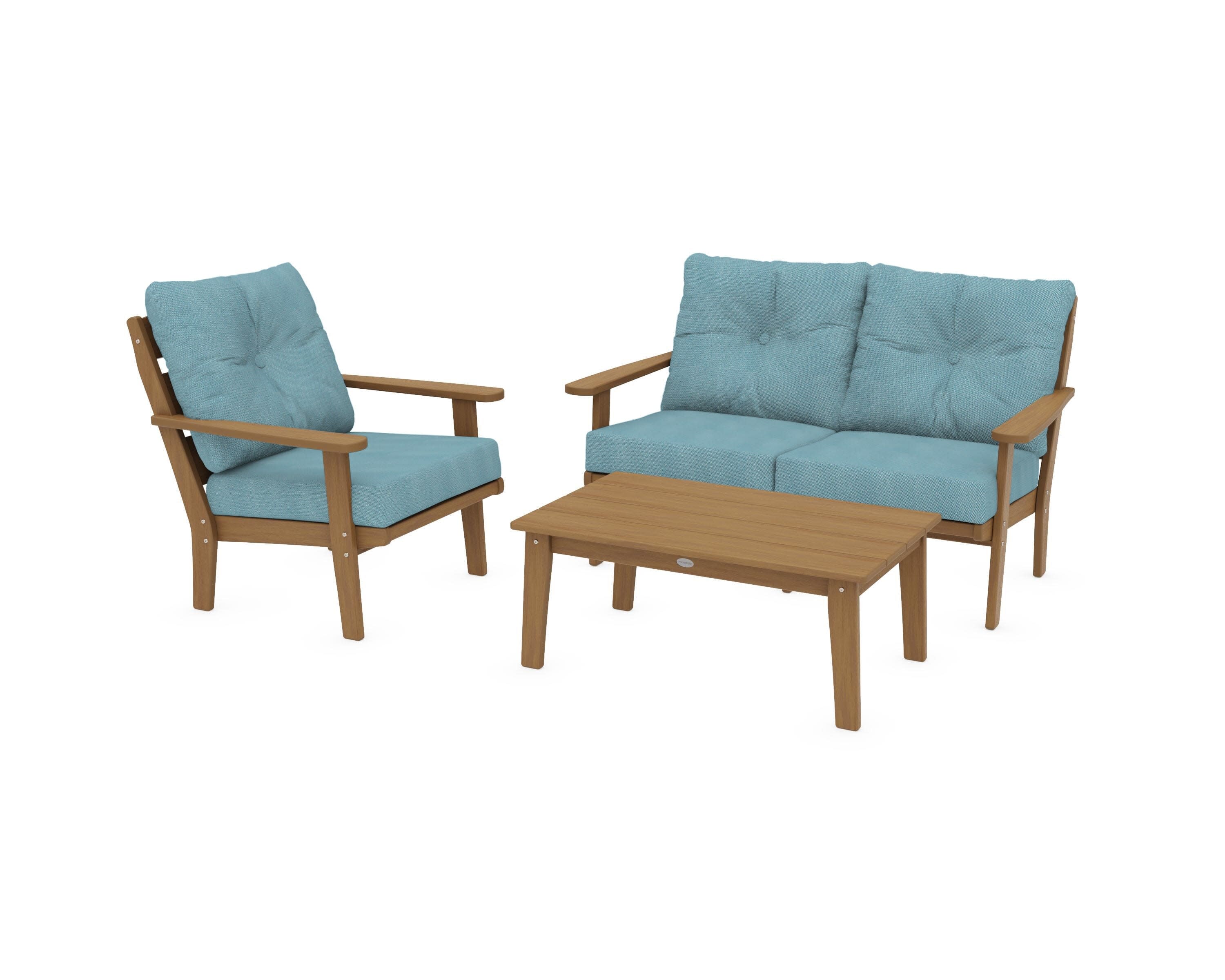 Lakeside 3-Piece Deep Seating Set in Natural / Lattice Sky Blue