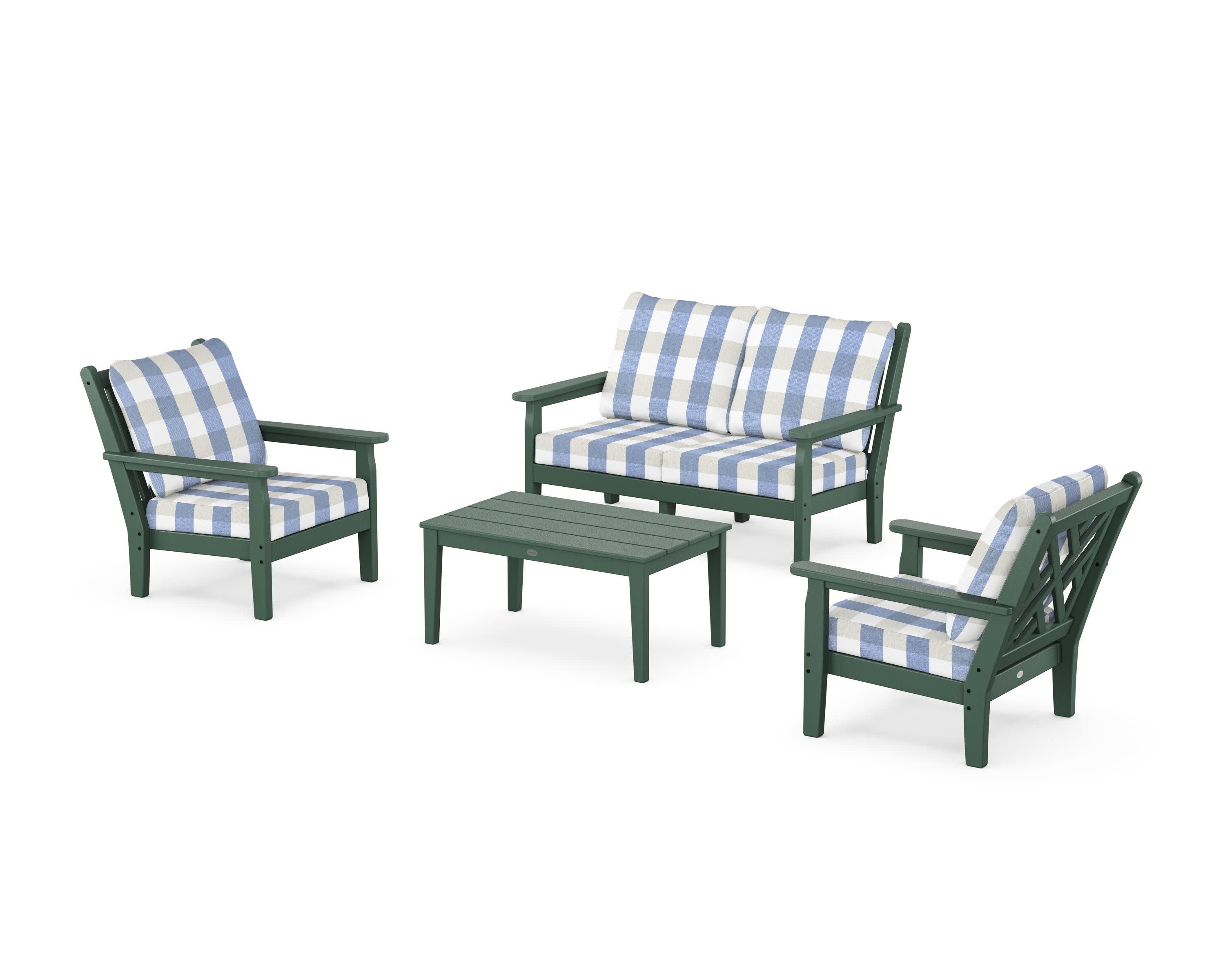 Chippendale 4-Piece Deep Seating Set with Loveseat in Green / Buffalo Plaid Sky Blue