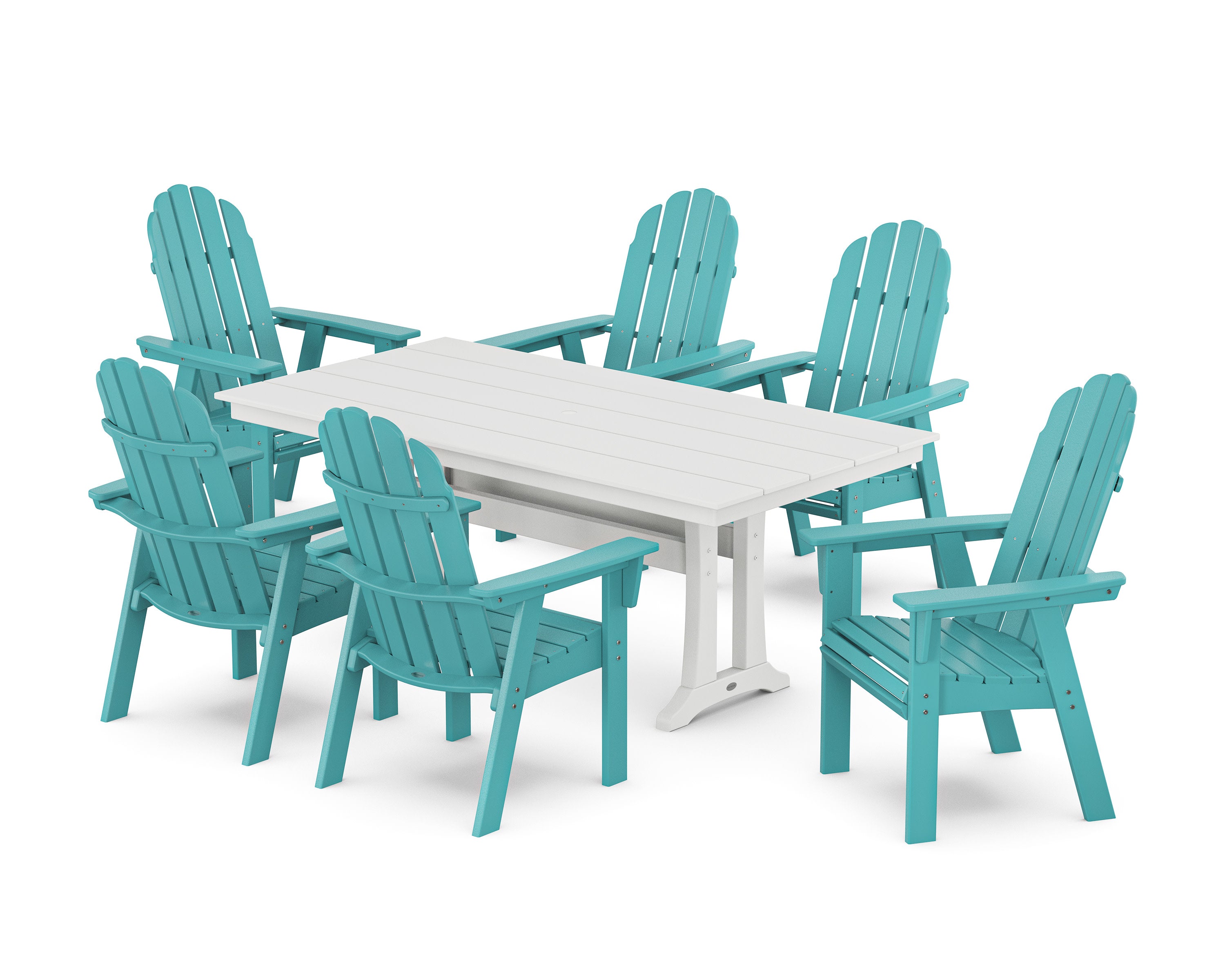 Vineyard Curveback Adirondack Chair 7-Piece Farmhouse Dining Set with Trestle Legs in Aruba / White