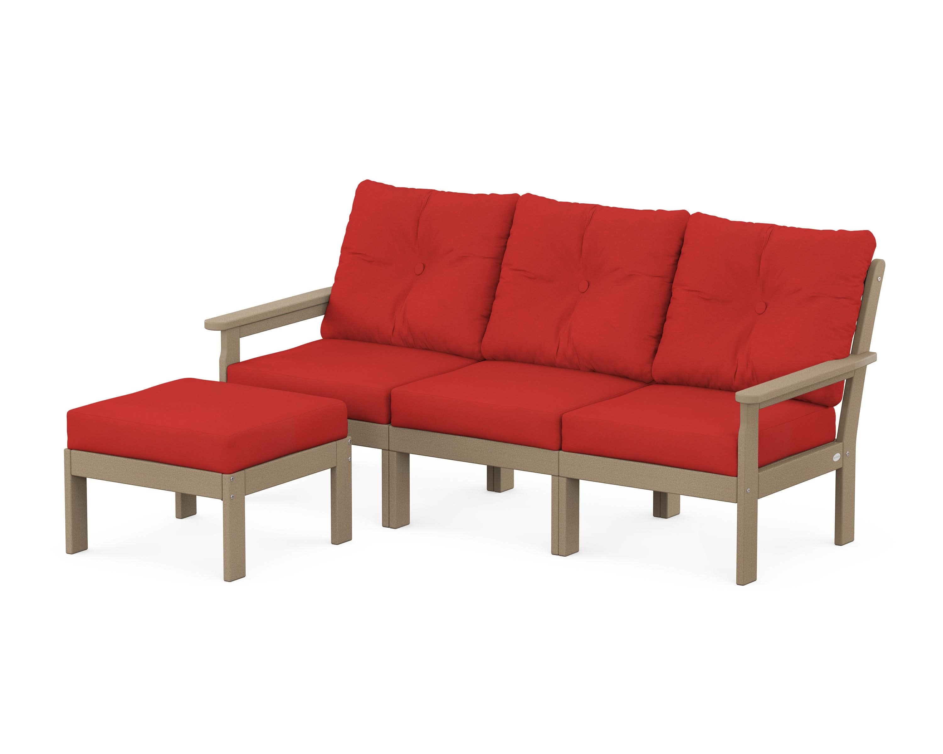 Vineyard 4-Piece Sectional with Ottoman in Vintage Sahara / Crimson Linen