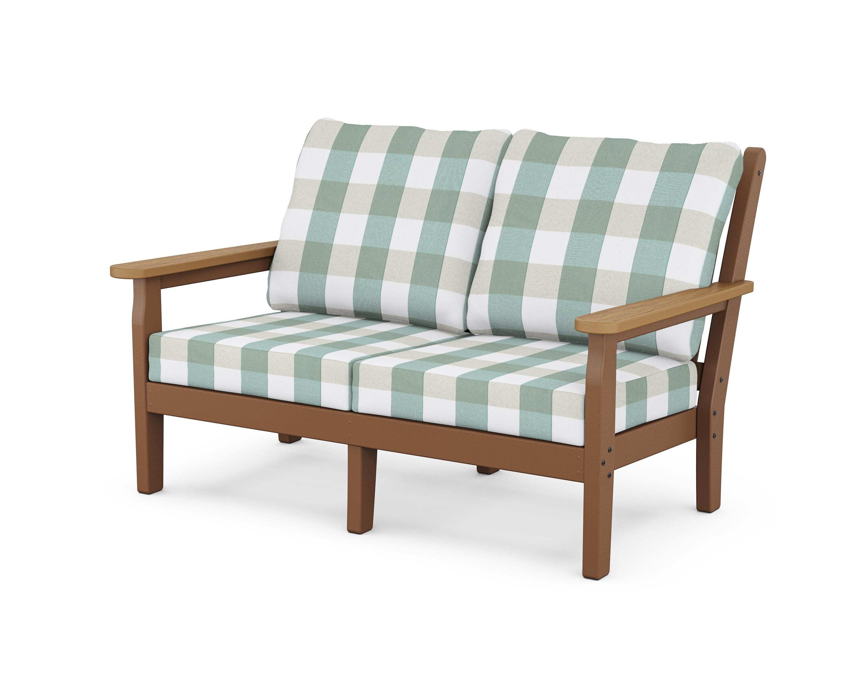 Chippendale Deep Seating Loveseat in Teak / Natural / Buffalo Plaid Glacier Spa