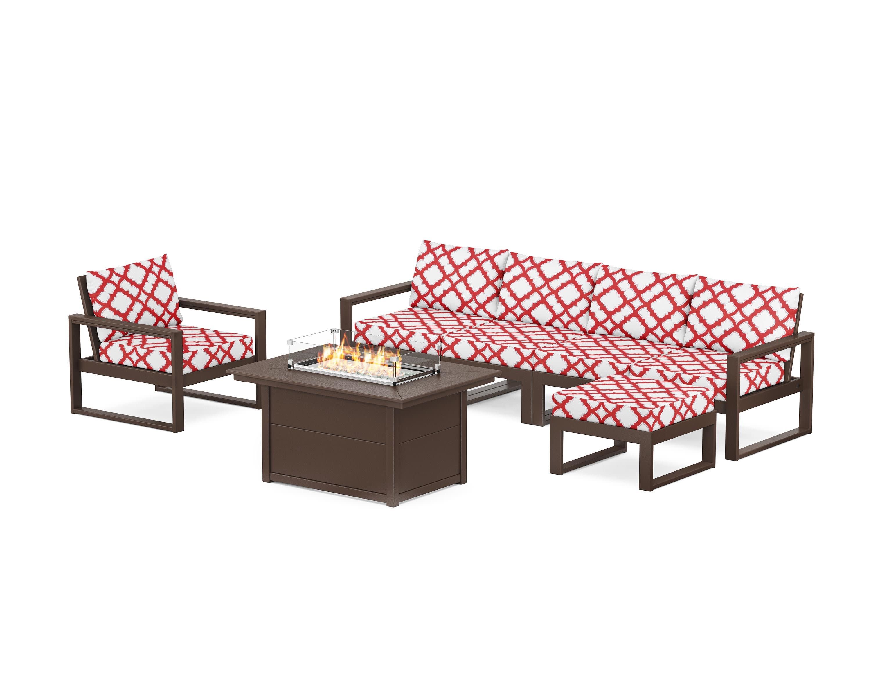 EDGE Sectional Lounge and Fire Pit Set in Mahogany / Trellis Crimson