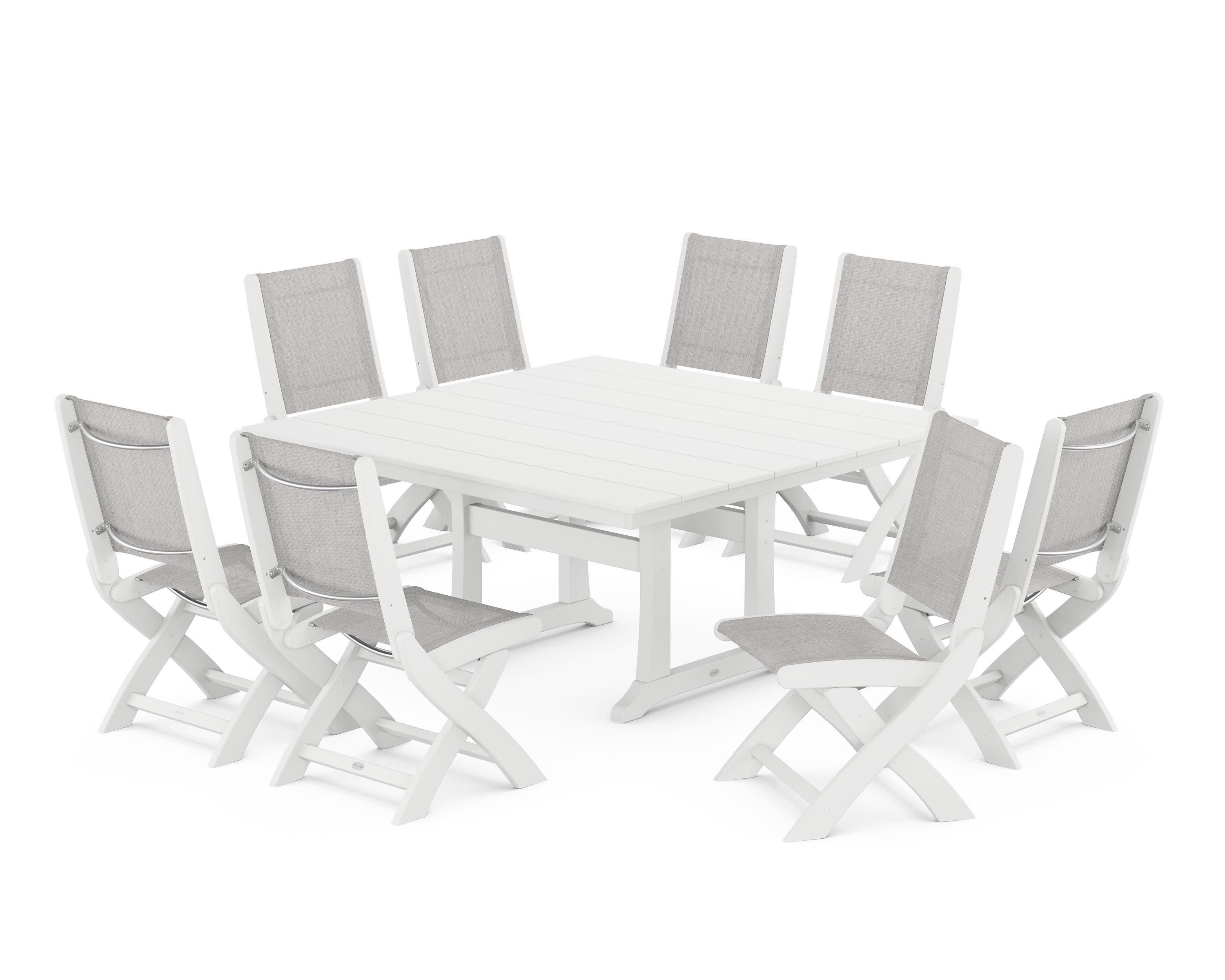 Coastal Folding Side Chair 9-Piece Farmhouse Dining Set in White / Parchment Sling