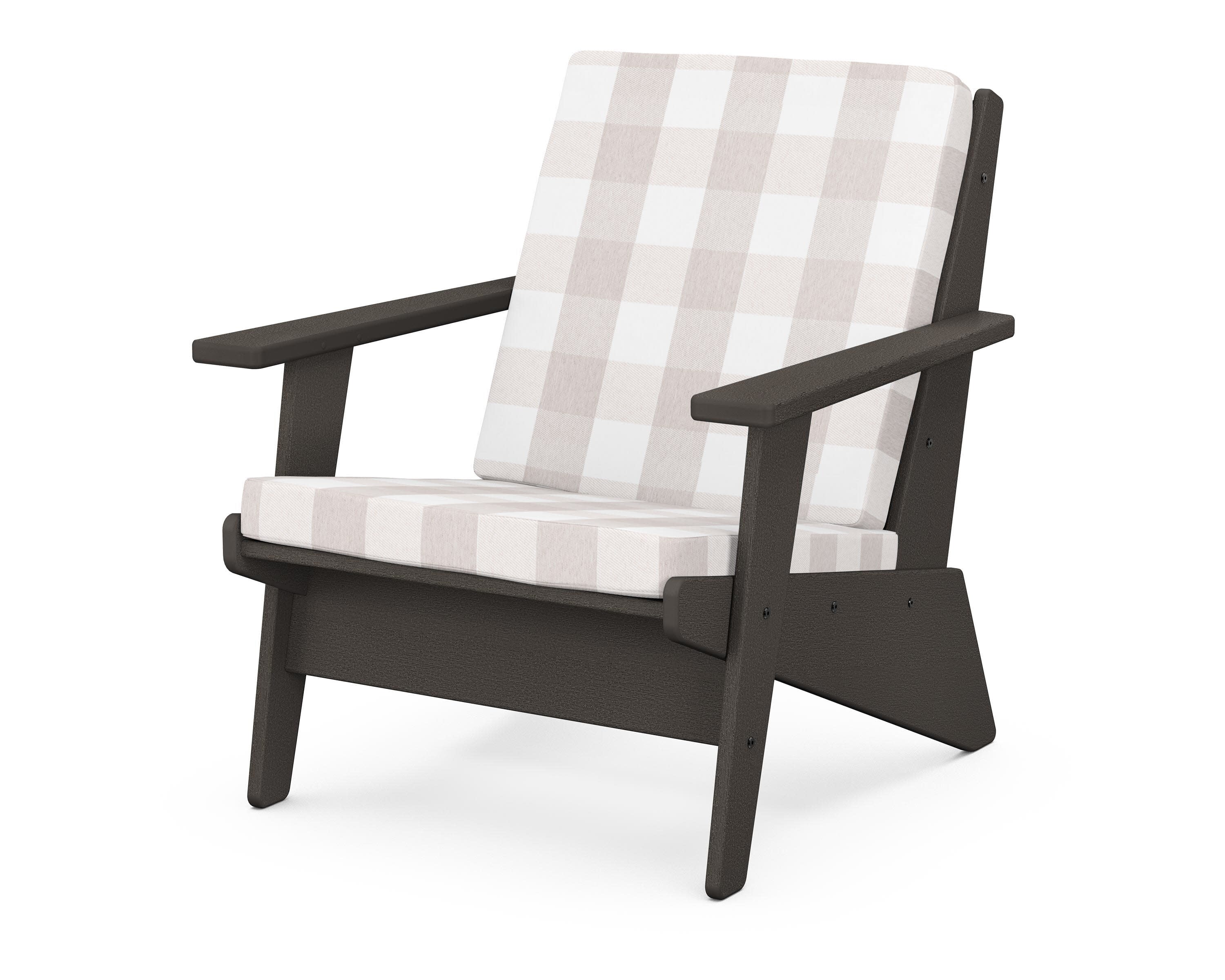 Riviera Modern Lounge Chair in Vintage Coffee / Buffalo Plaid Dune Burlap
