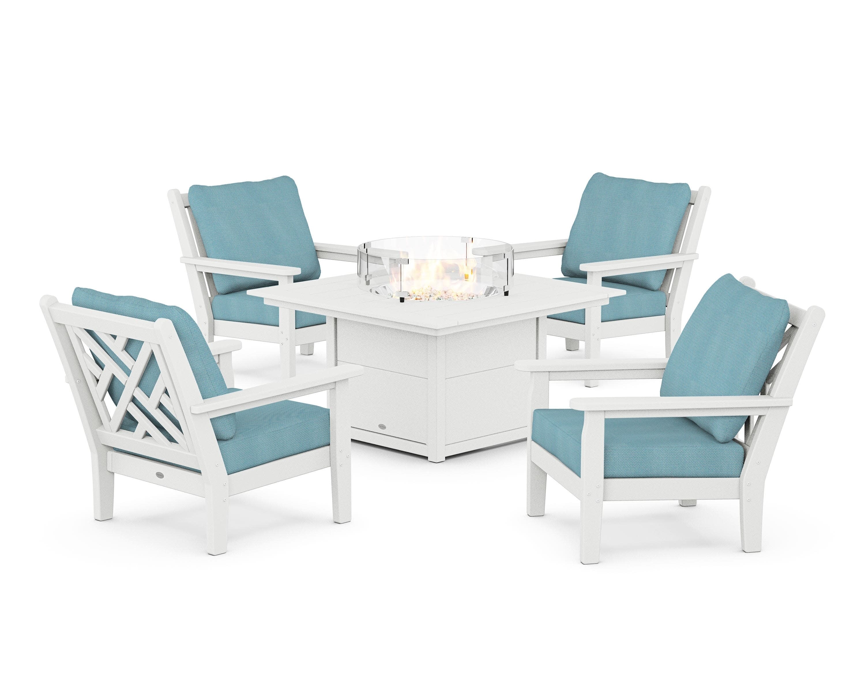 Chippendale 5-Piece Deep Seating Set with Fire Pit Table in White / Lattice Sky Blue